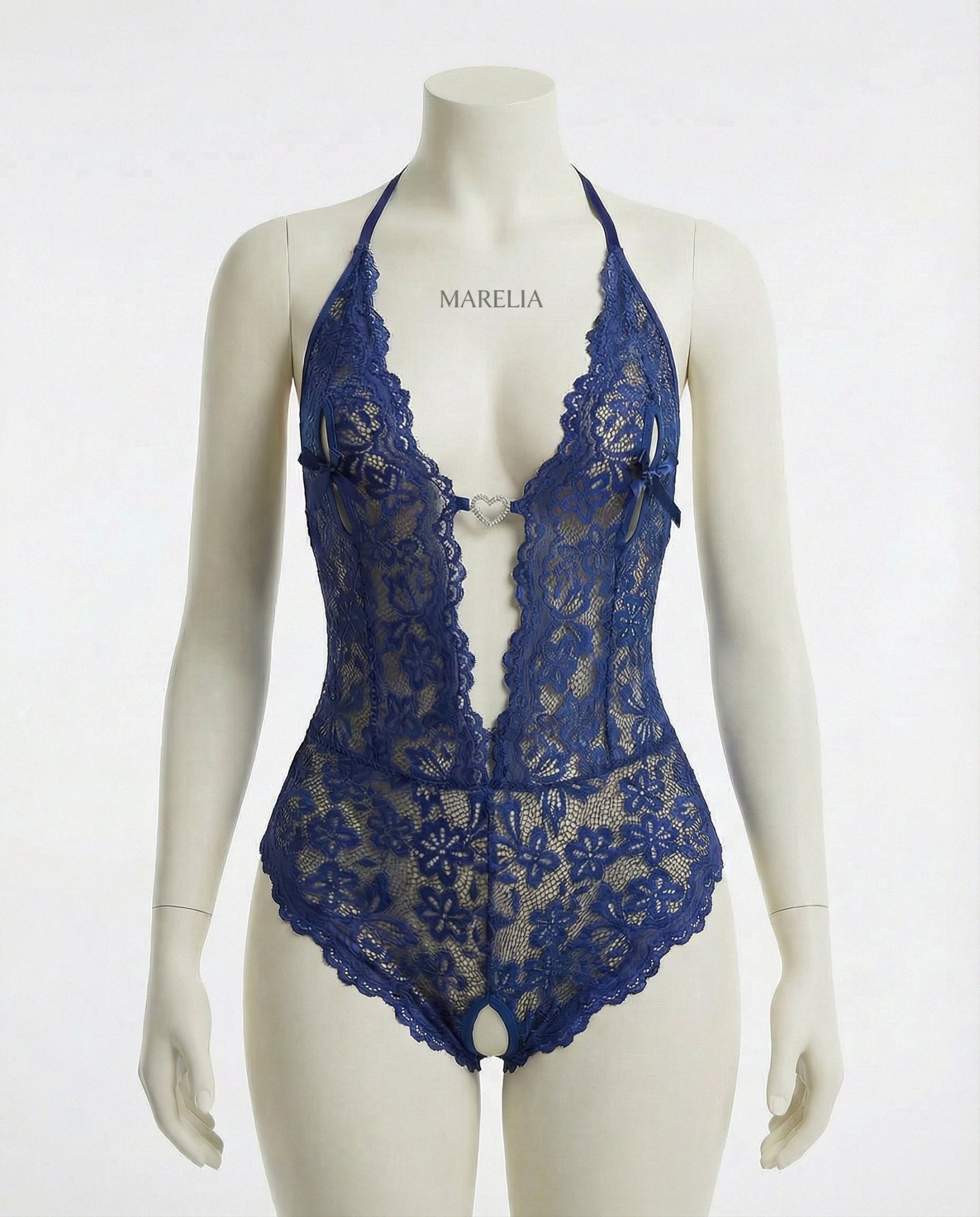 Navy crotchless halter lace teddy