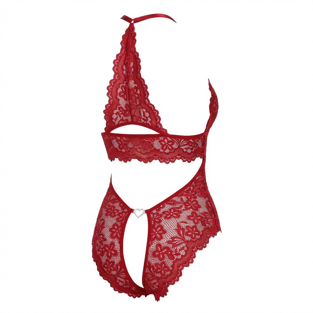 Burgundy crotchless halter lace teddy