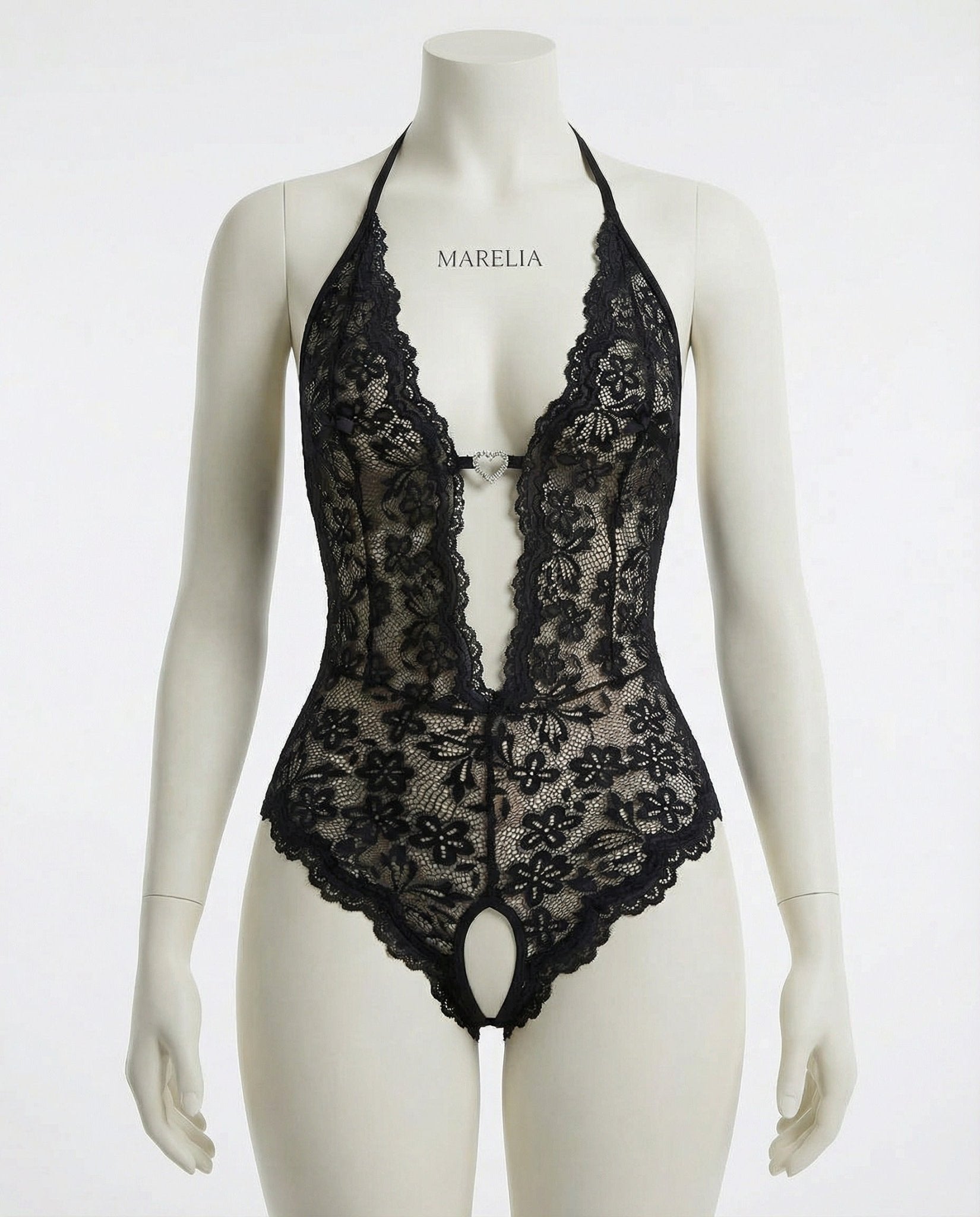 Black crotchless halter lace teddy