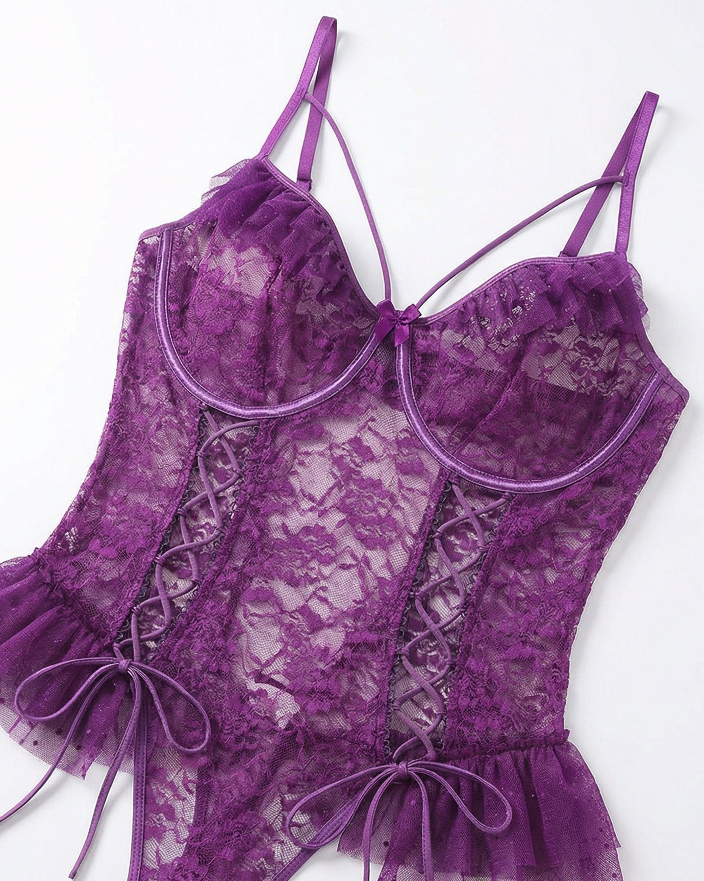 Purple crotchless lace teddy with accessories