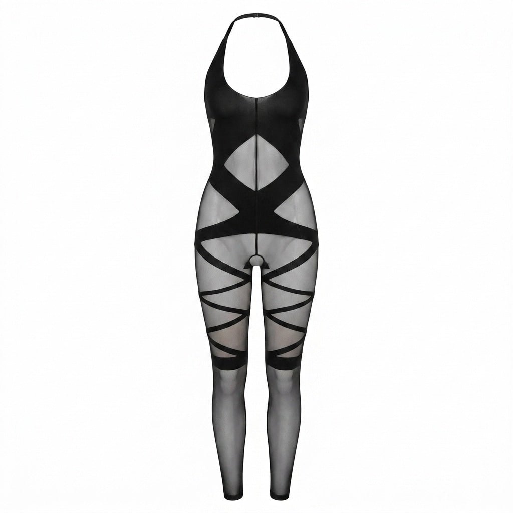 Black Crotchless Mesh Strap Bodystocking - MARELIA