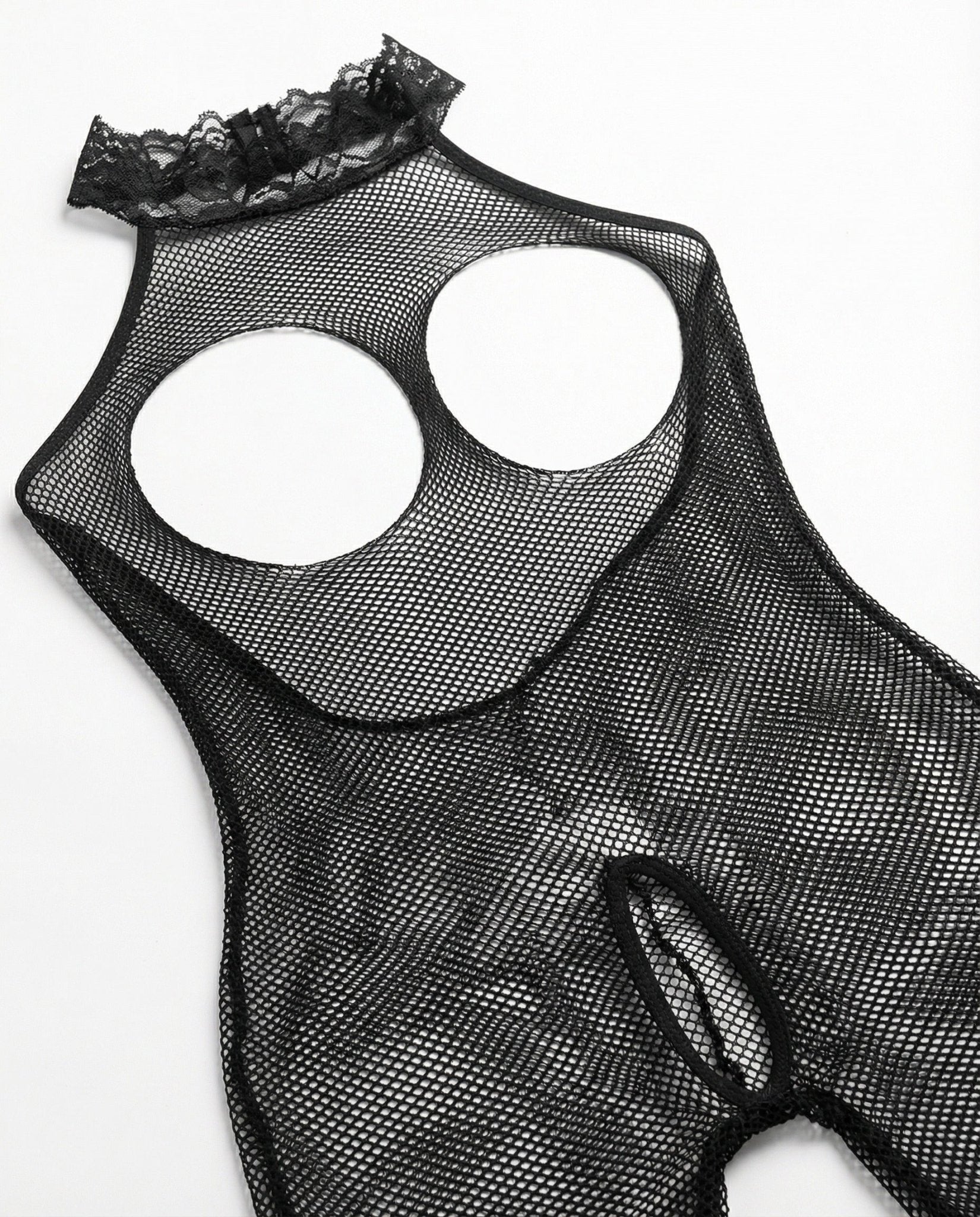 Black crotchless open cup fishnet bodystocking