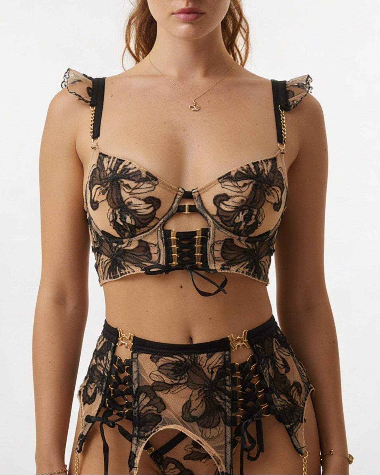 Embroidered Bra Suspender Belt And G-String Set - MARELIA