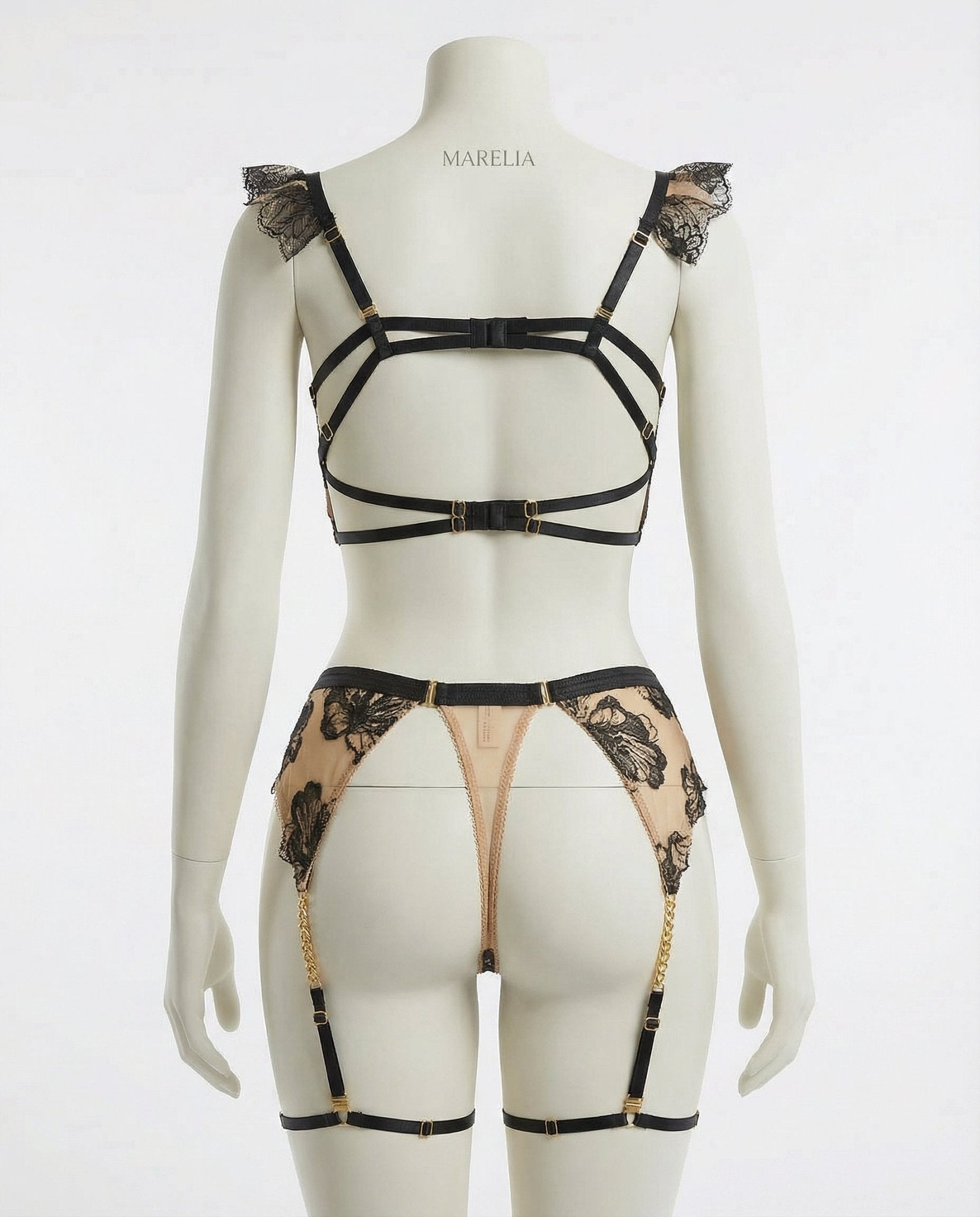 Black Embroidered Bra Suspender Belt And G-String Set - Marelia