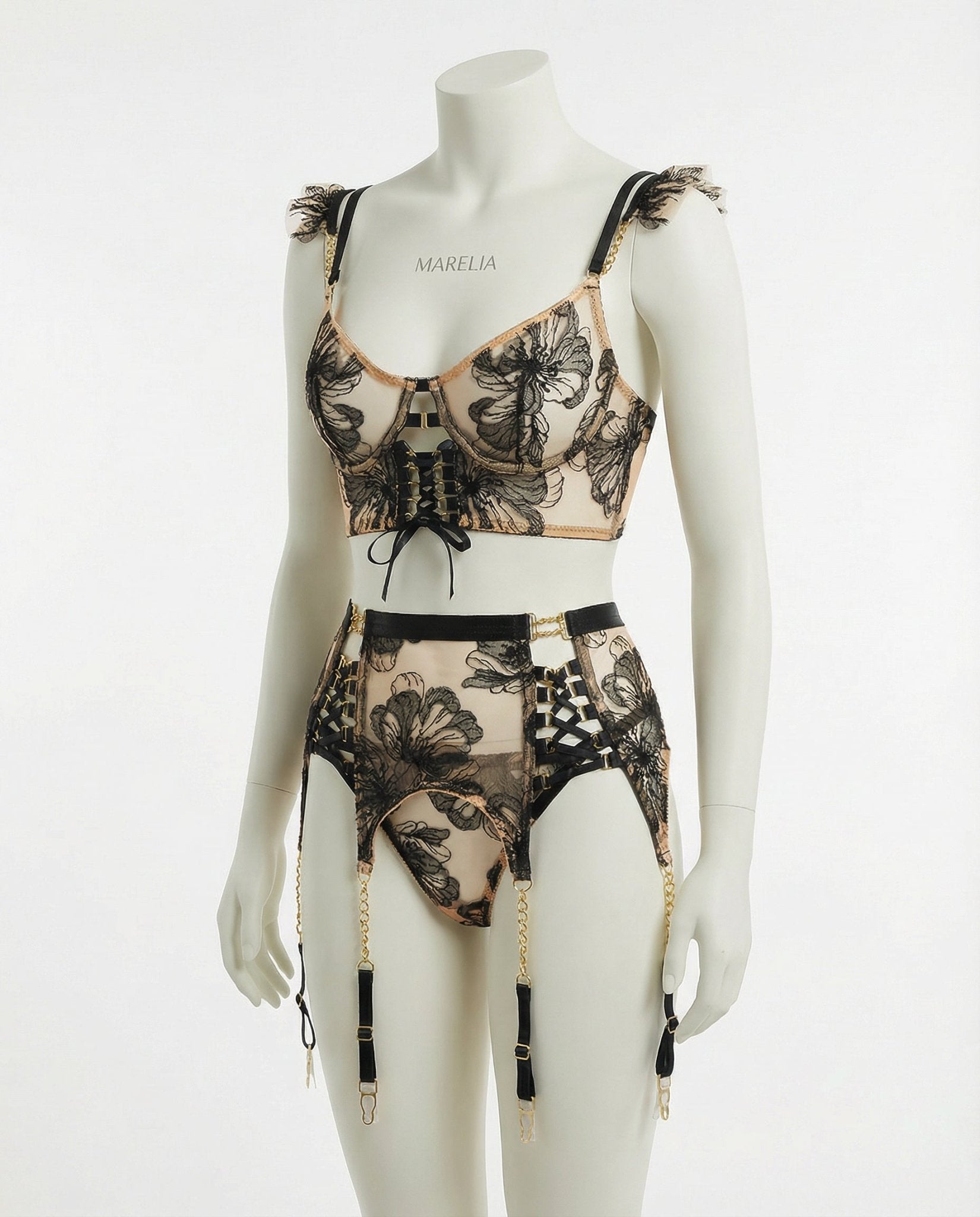 Black Embroidered Bra Suspender Belt And G-String Set - Marelia