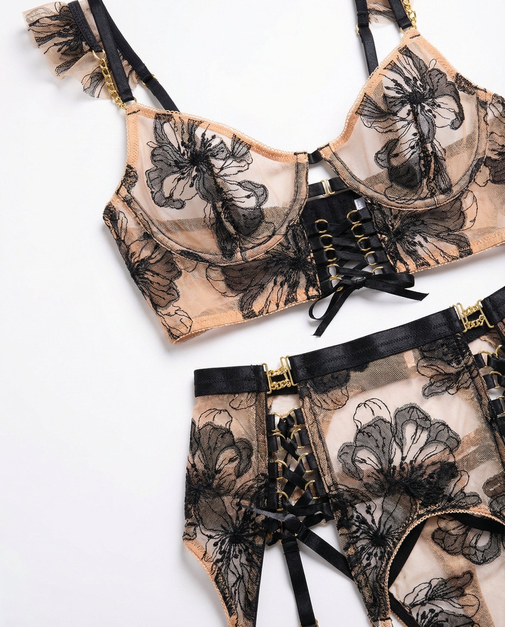 Black Embroidered Bra Suspender Belt And G-String Set - Marelia