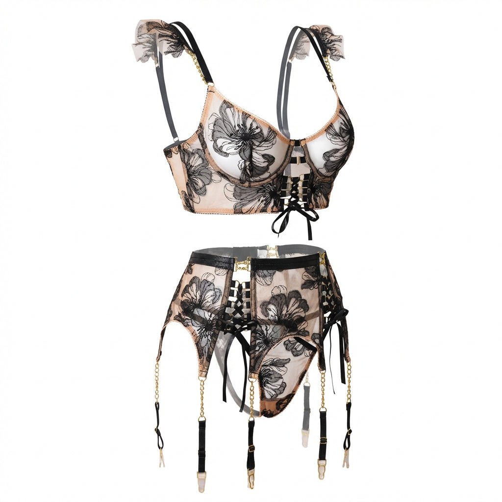 Black Embroidered Bra Suspender Belt And G-String Set - Marelia
