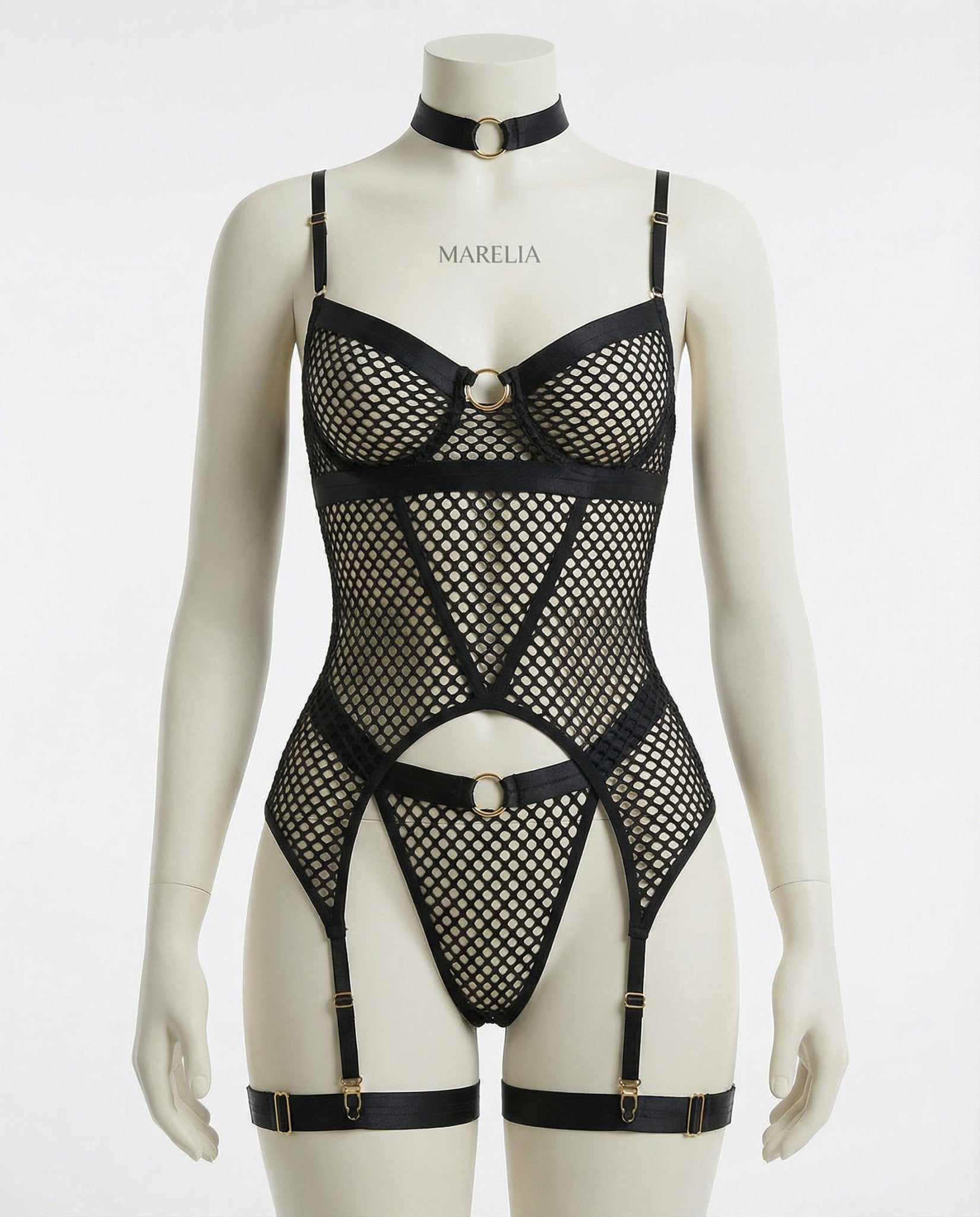Fishnet Bodysuit With Garter Straps - Marelia