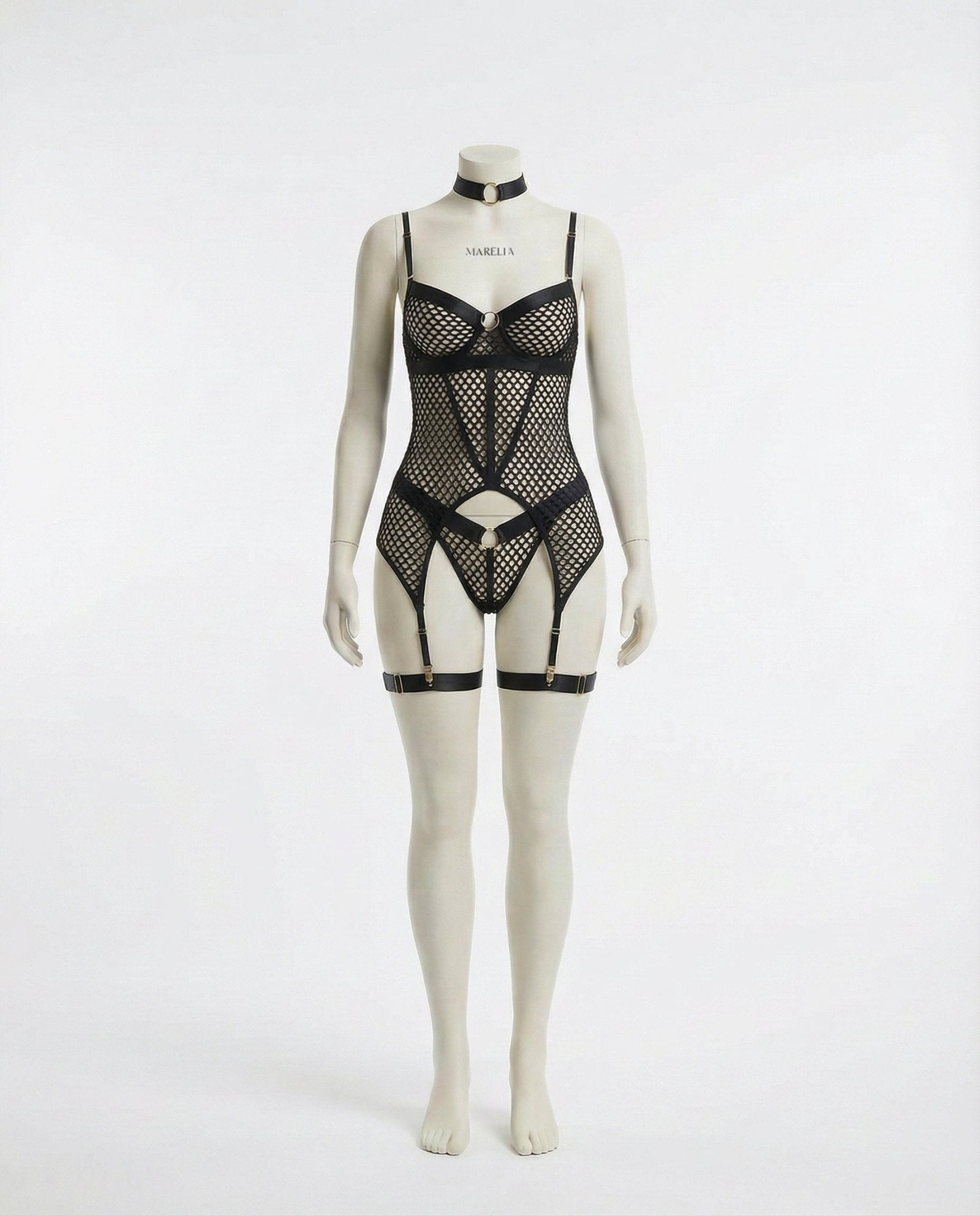 Black Fishnet Bodysuit With Garter Straps - Marelia