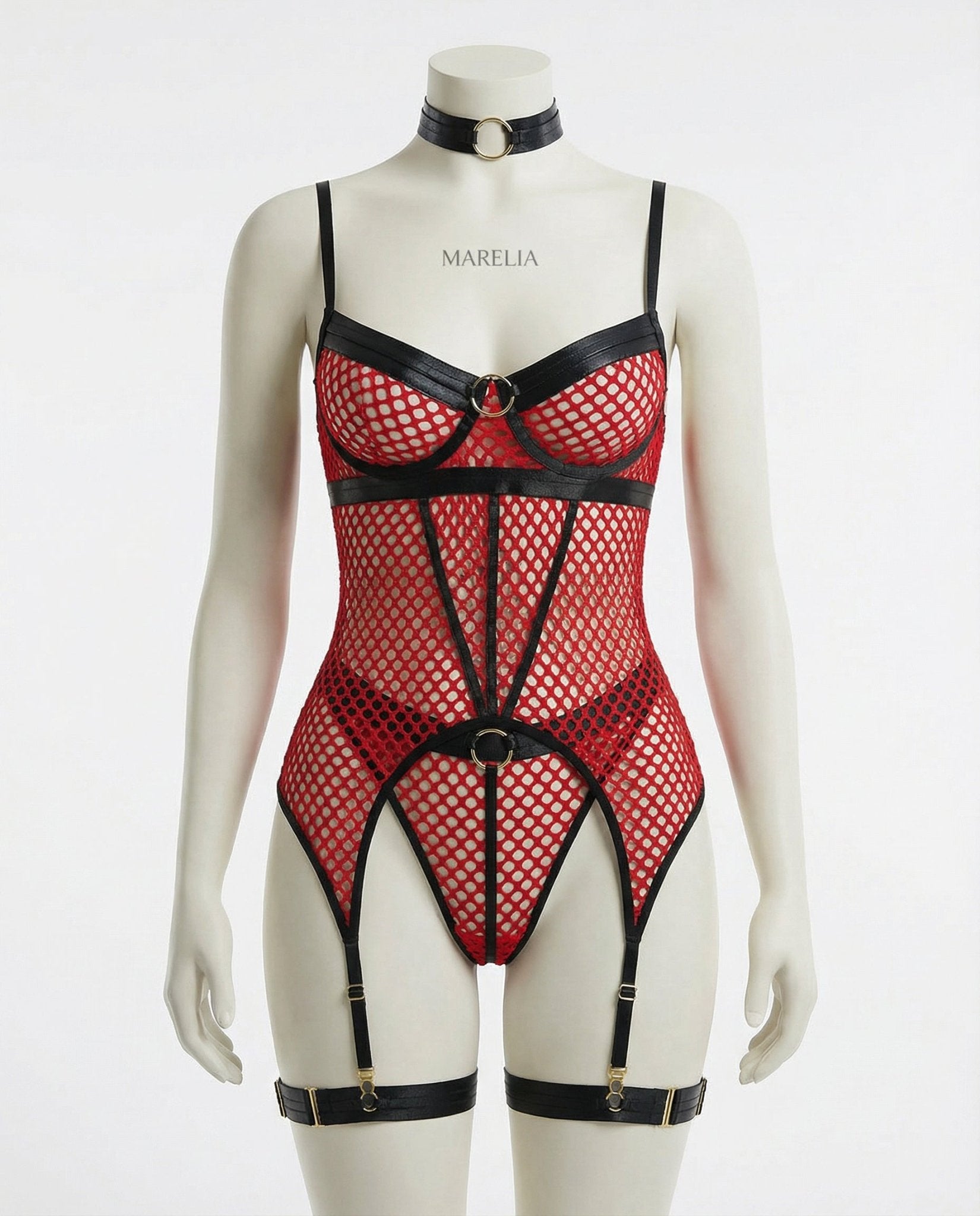 Red Fishnet Bodysuit With Garter Straps - Marelia