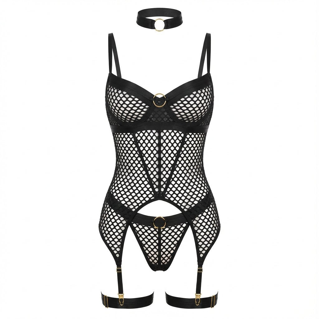Black Fishnet Bodysuit With Garter Straps - Marelia