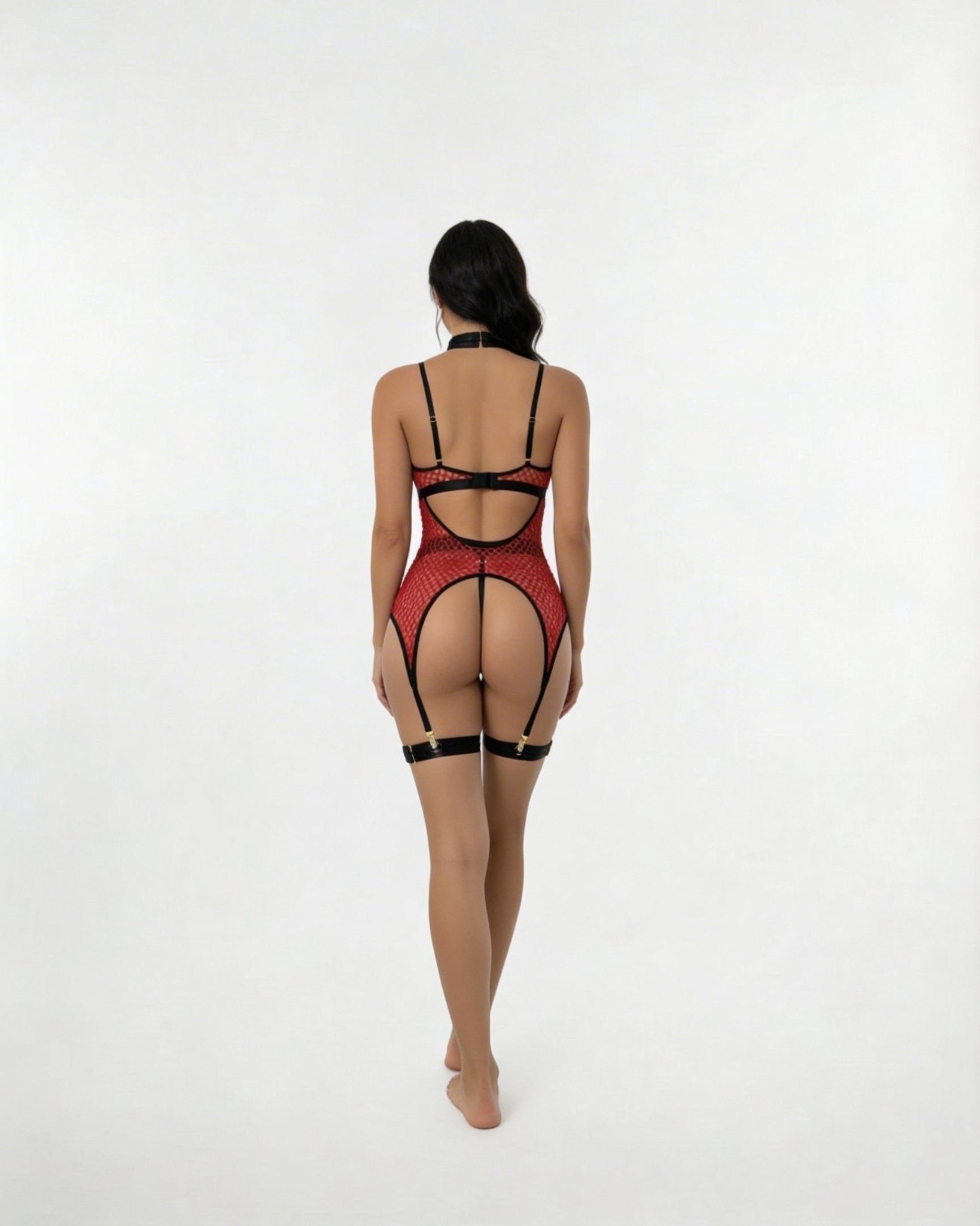 Fishnet Bodysuit With Garter Straps - MARELIA