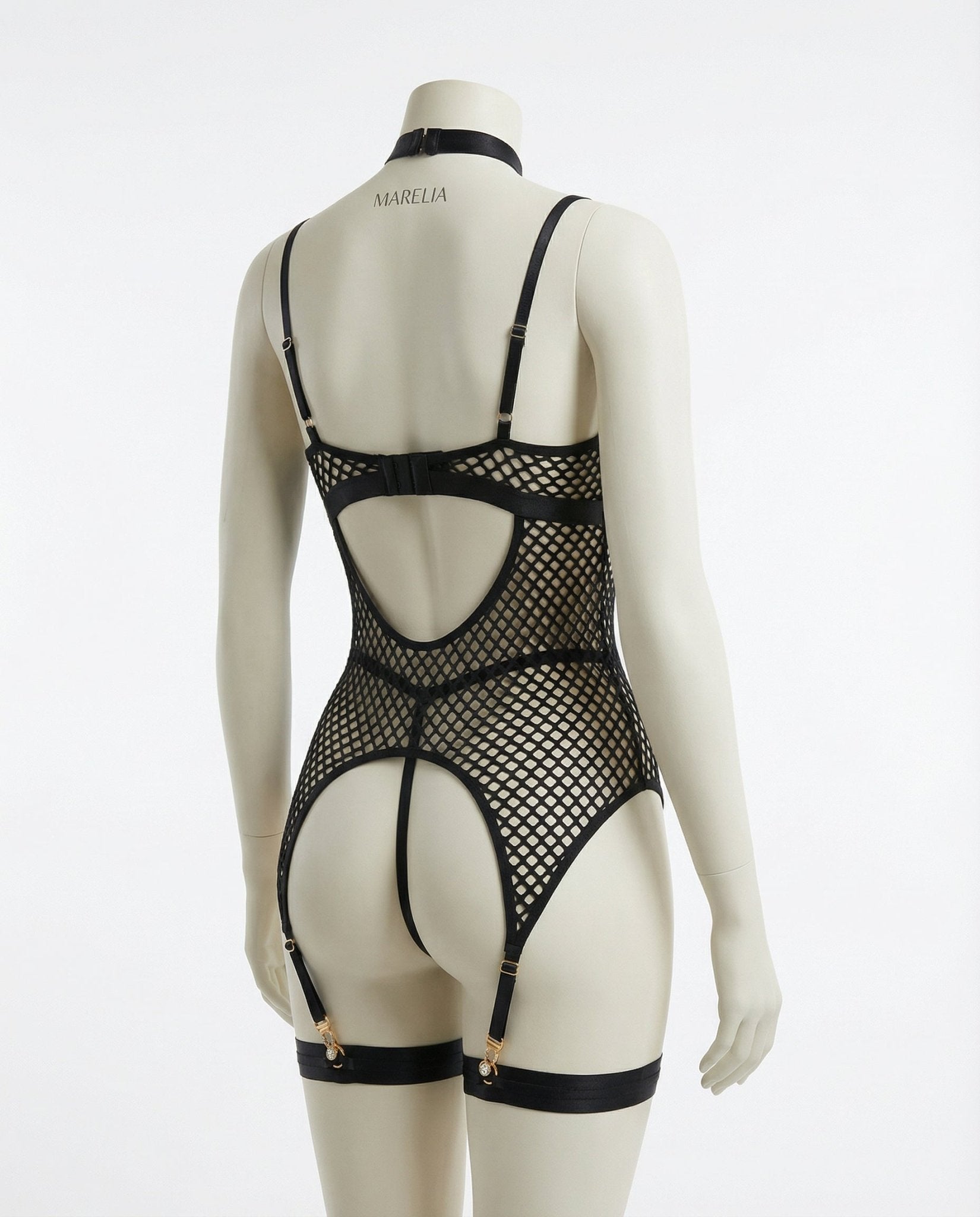 Black Fishnet Bodysuit With Garter Straps - Marelia