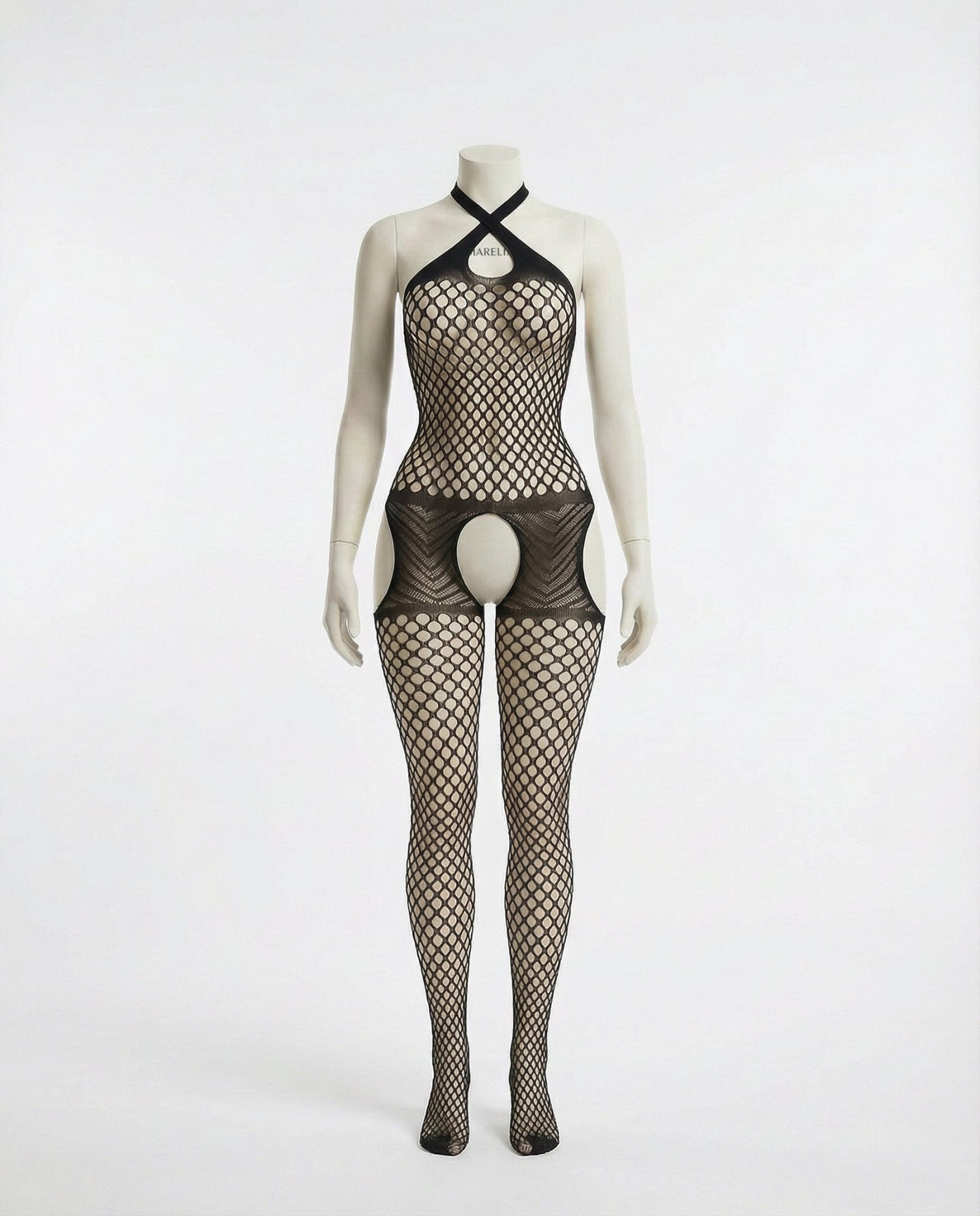 Black Marelia - Fishnet Halter Bodystocking With Open Crotch