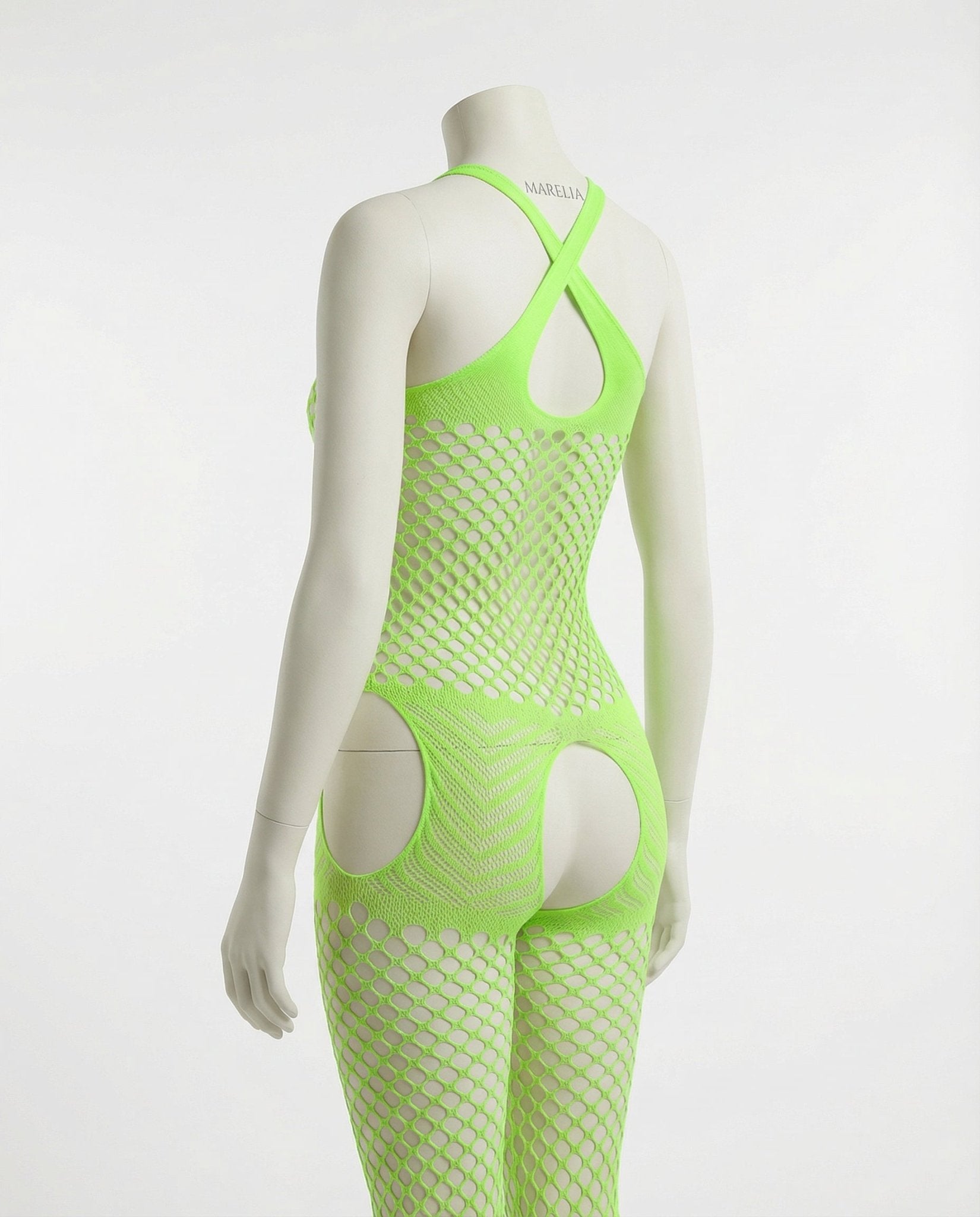 Neon Green Marelia - Fishnet Halter Bodystocking With Open Crotch