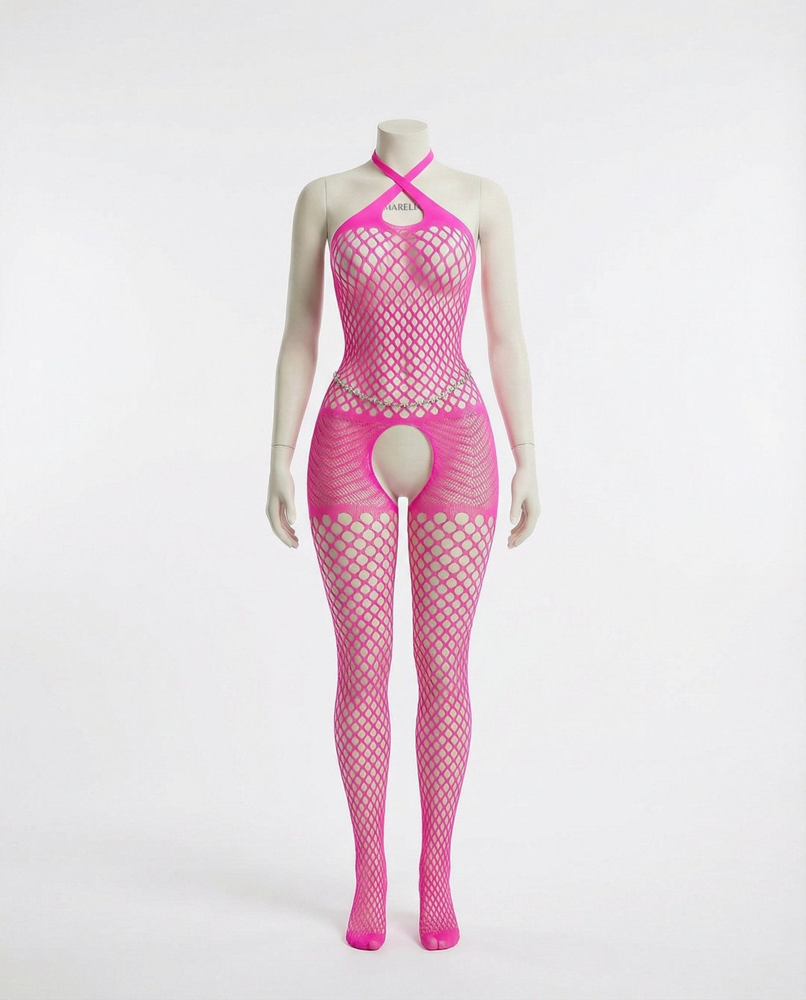 Fuscia Pink Marelia - Fishnet Halter Bodystocking With Open Crotch