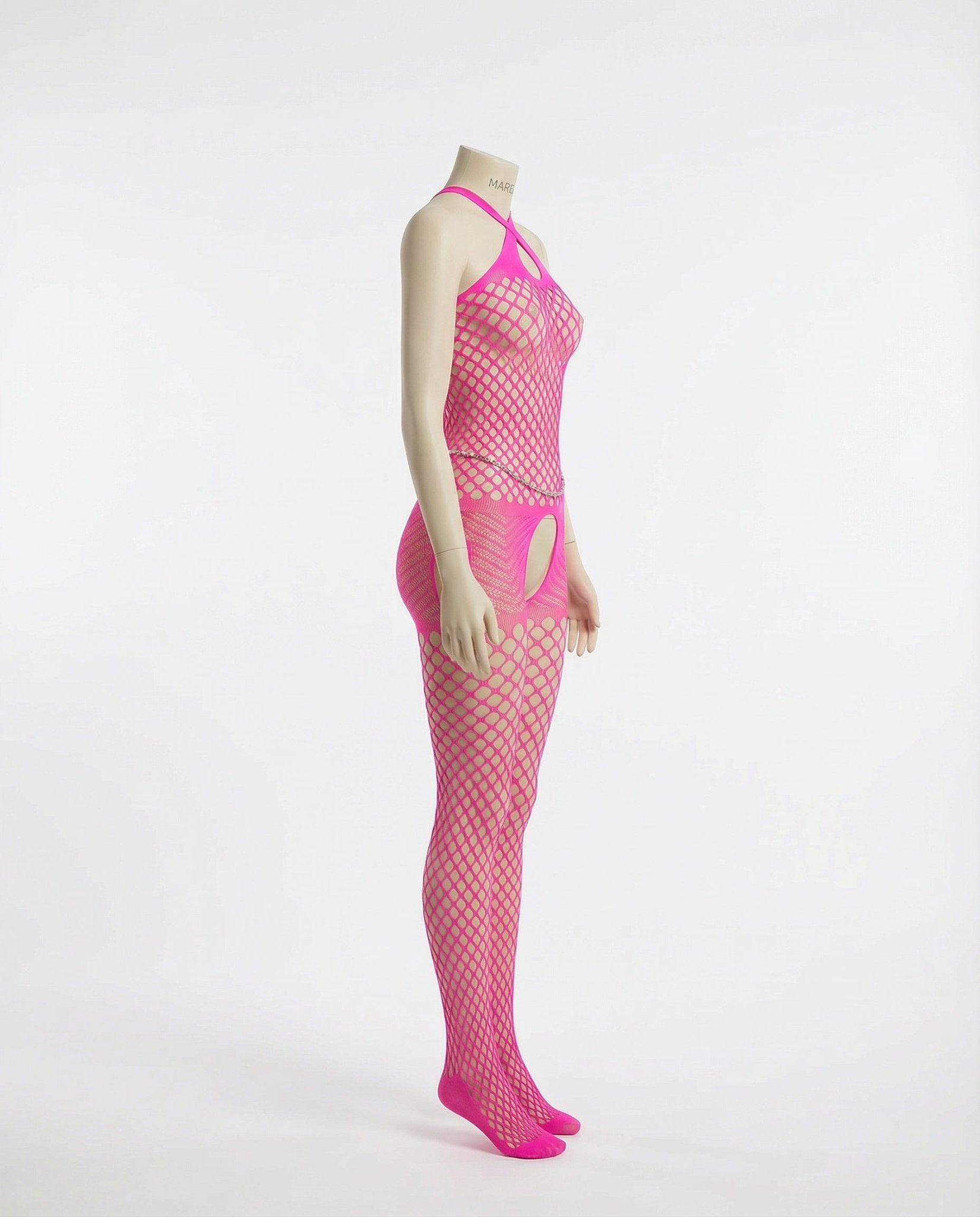 Fuscia Pink Marelia - Fishnet Halter Bodystocking With Open Crotch