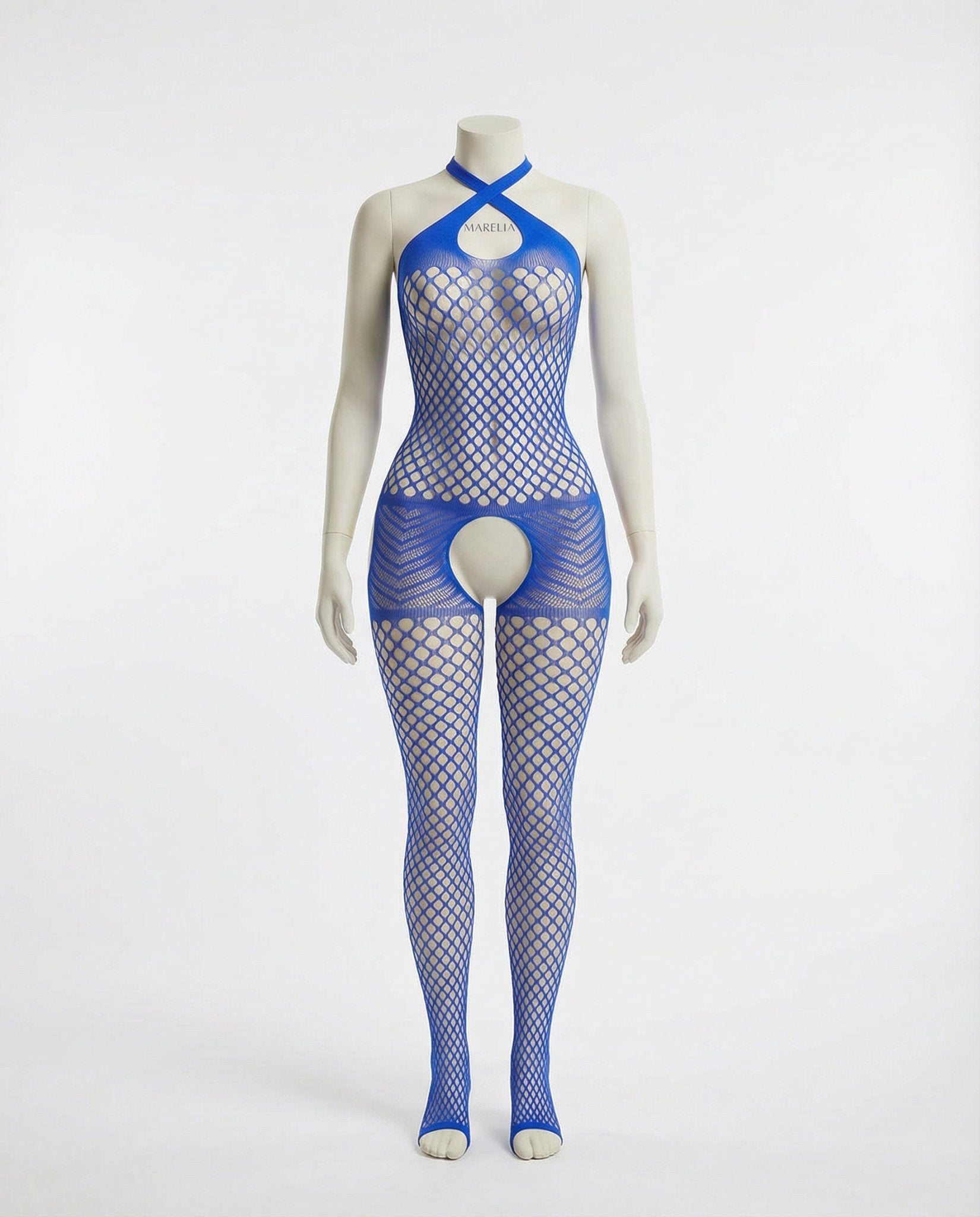 Blue Marelia - Fishnet Halter Bodystocking With Open Crotch