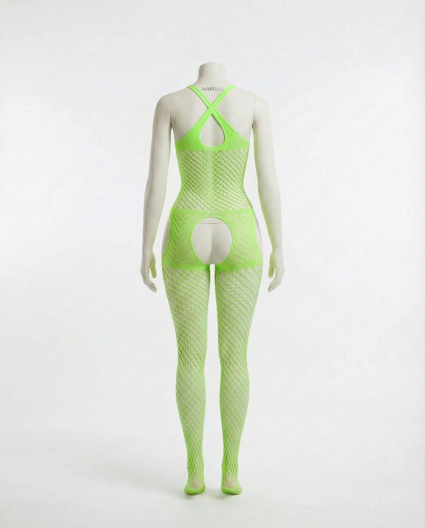 Neon Green Marelia - Fishnet Halter Bodystocking With Open Crotch