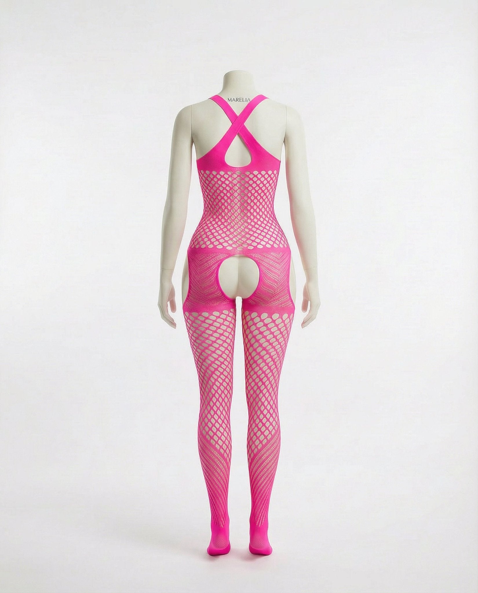 Fuscia Pink Marelia - Fishnet Halter Bodystocking With Open Crotch