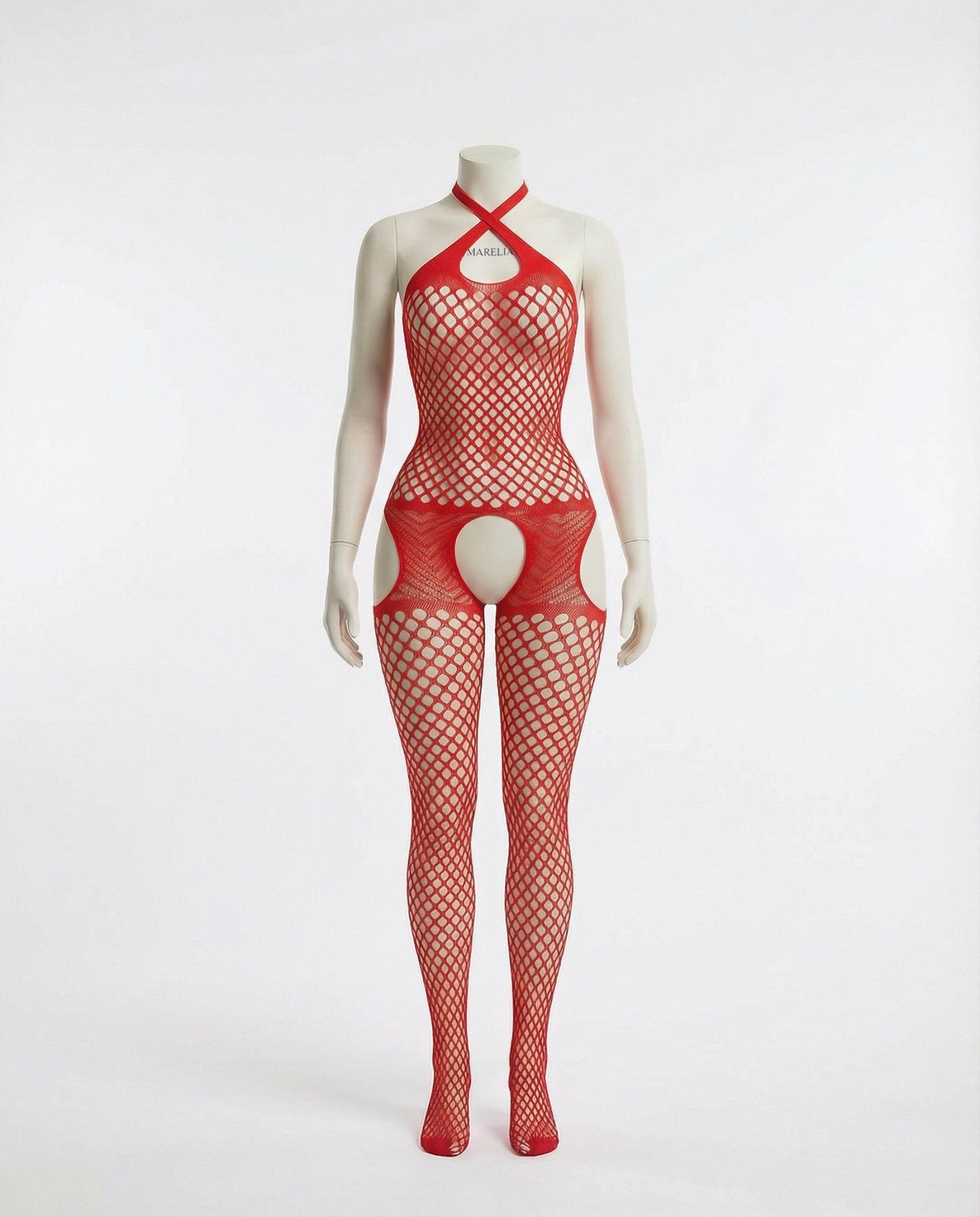 Red Marelia - Fishnet Halter Bodystocking With Open Crotch