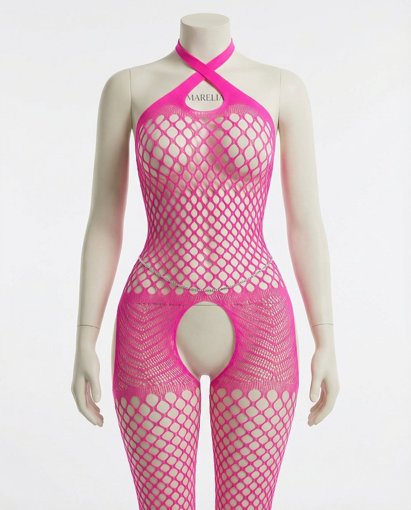 Fuscia Pink Marelia - Fishnet Halter Bodystocking With Open Crotch