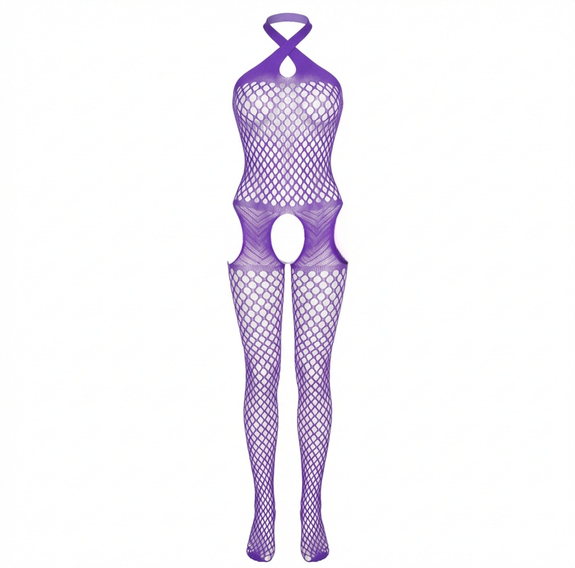 Purple Marelia - Fishnet Halter Bodystocking With Open Crotch