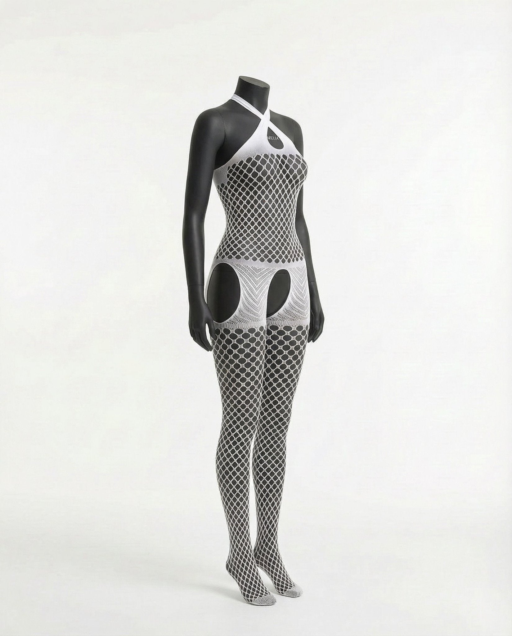 White Marelia - Fishnet Halter Bodystocking With Open Crotch