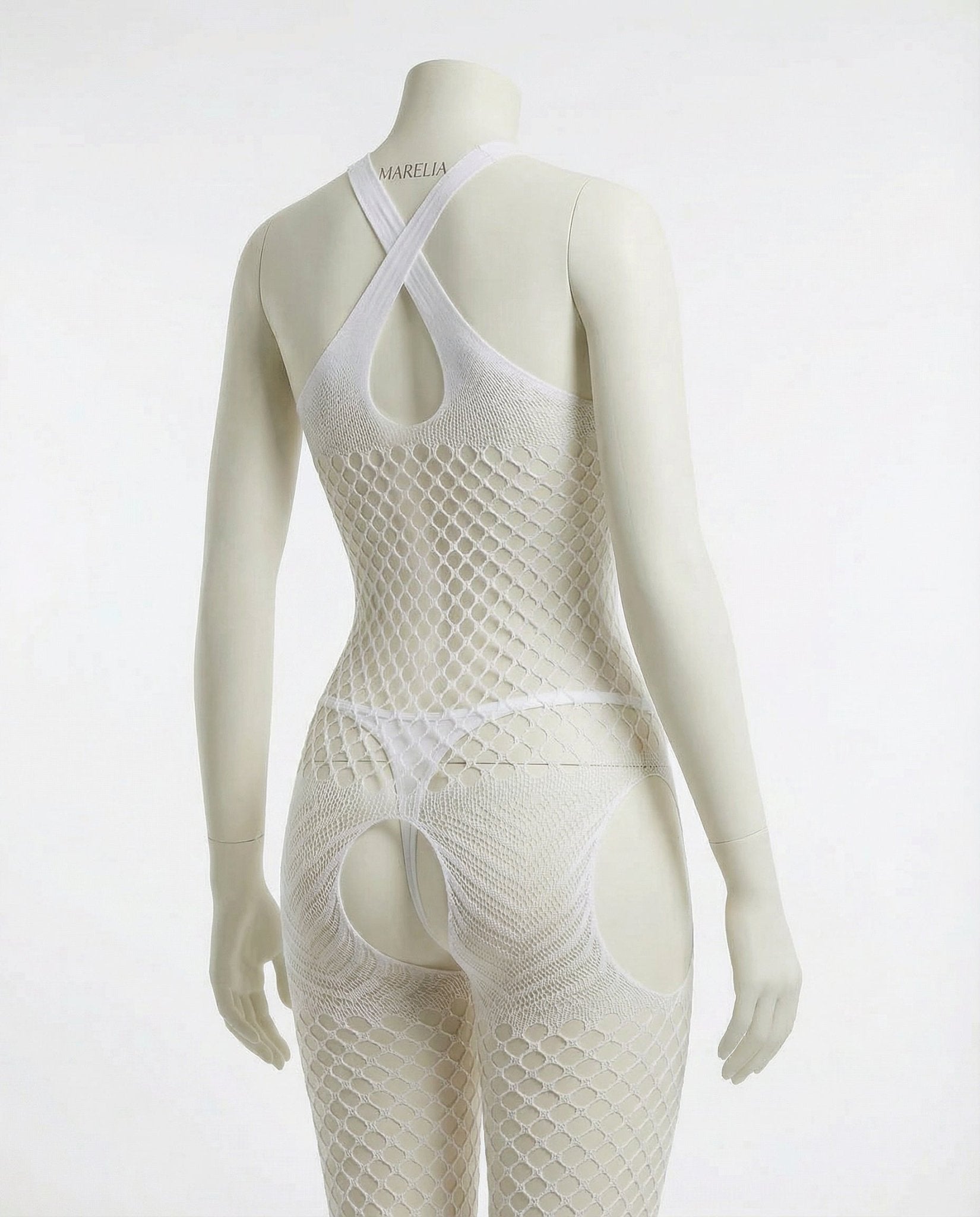 White Marelia - Fishnet Halter Bodystocking With Open Crotch