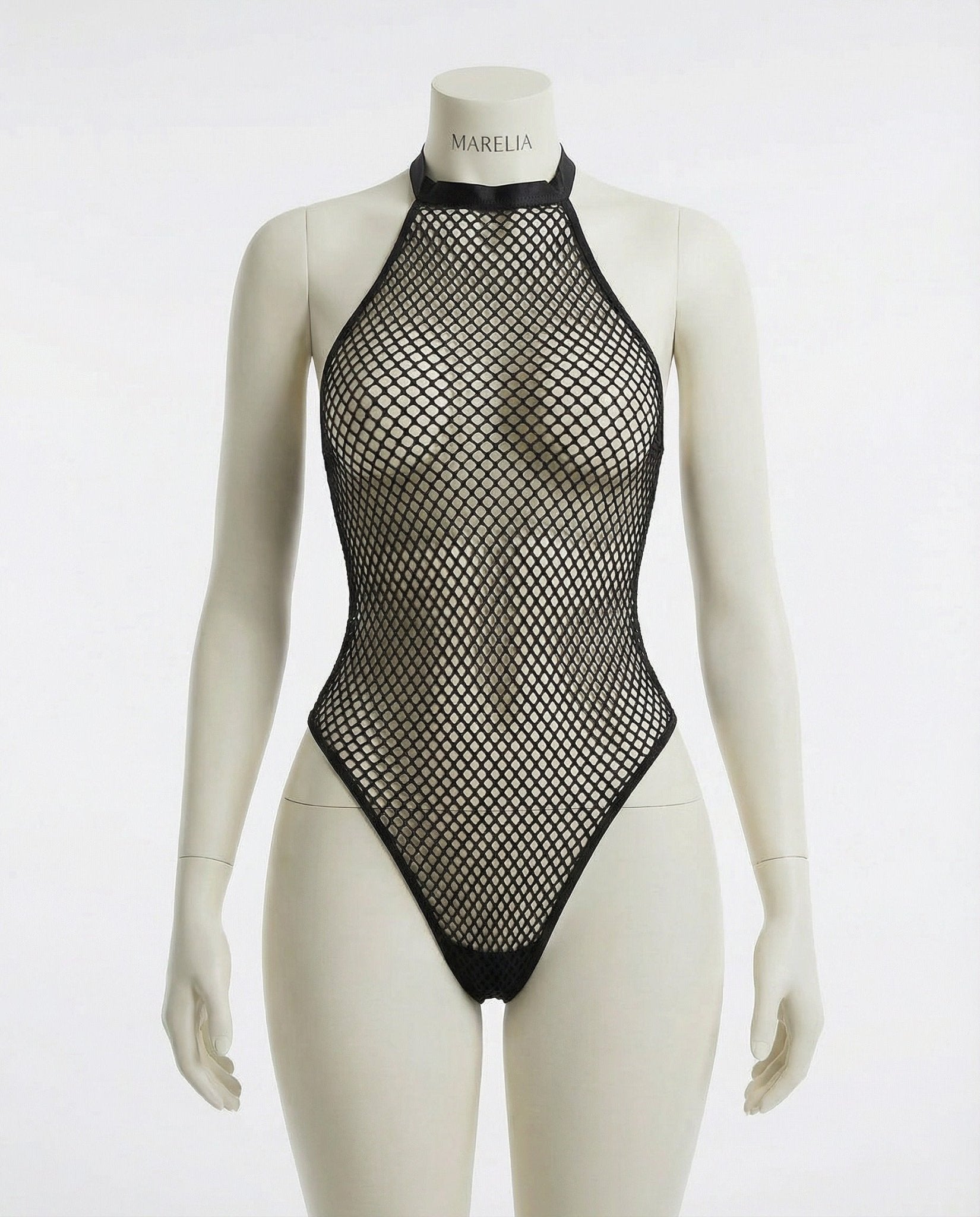 Black Fishnet Halter-Neck Bodysuit - MARELIA