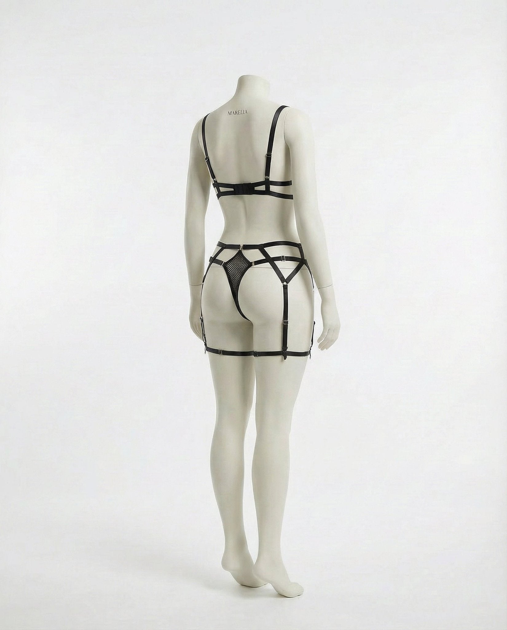 Black Fishnet Halter Teddy G-String And Garter Belt Set - Marelia