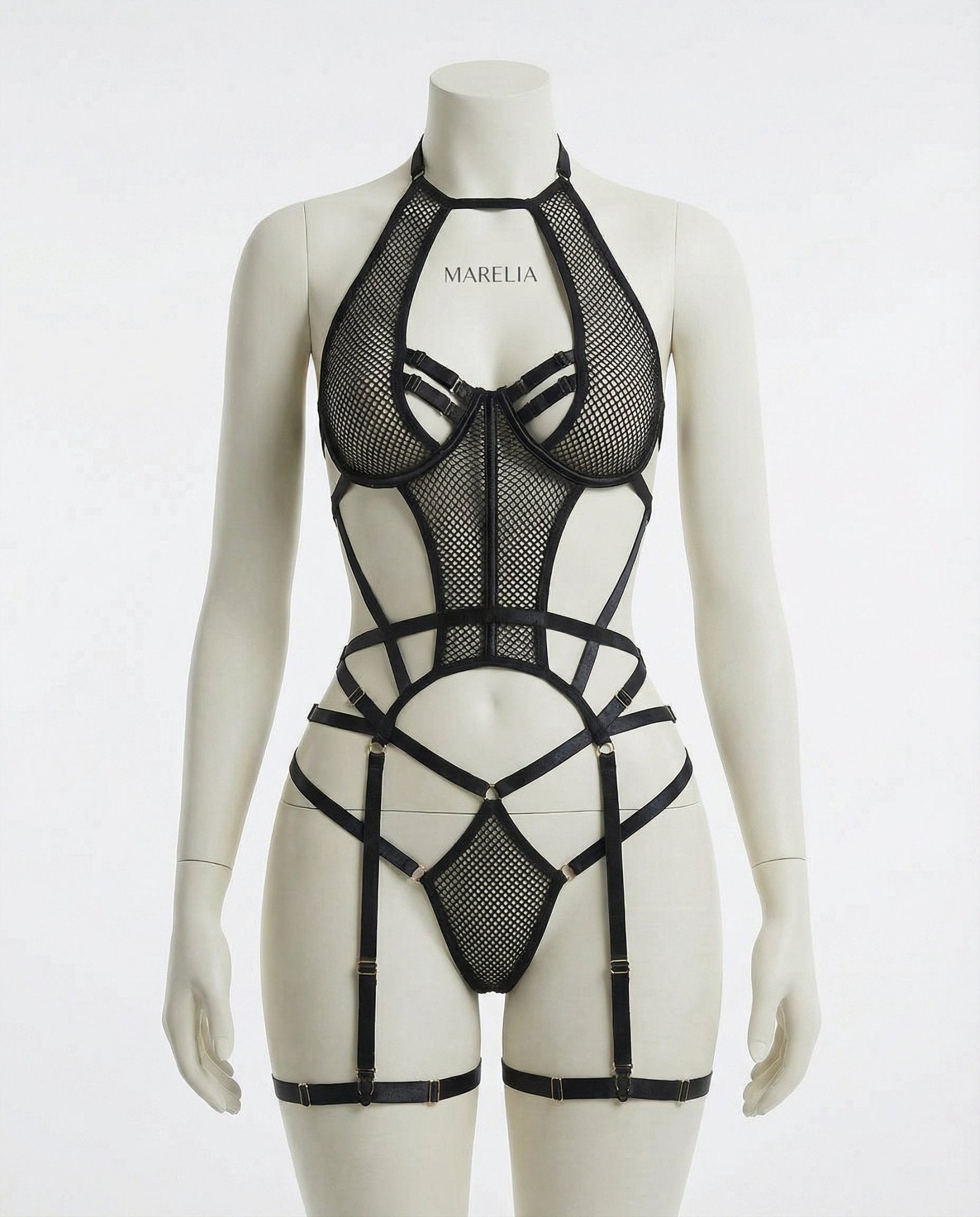 Black Fishnet Halter Teddy G-String And Garter Belt Set - Marelia