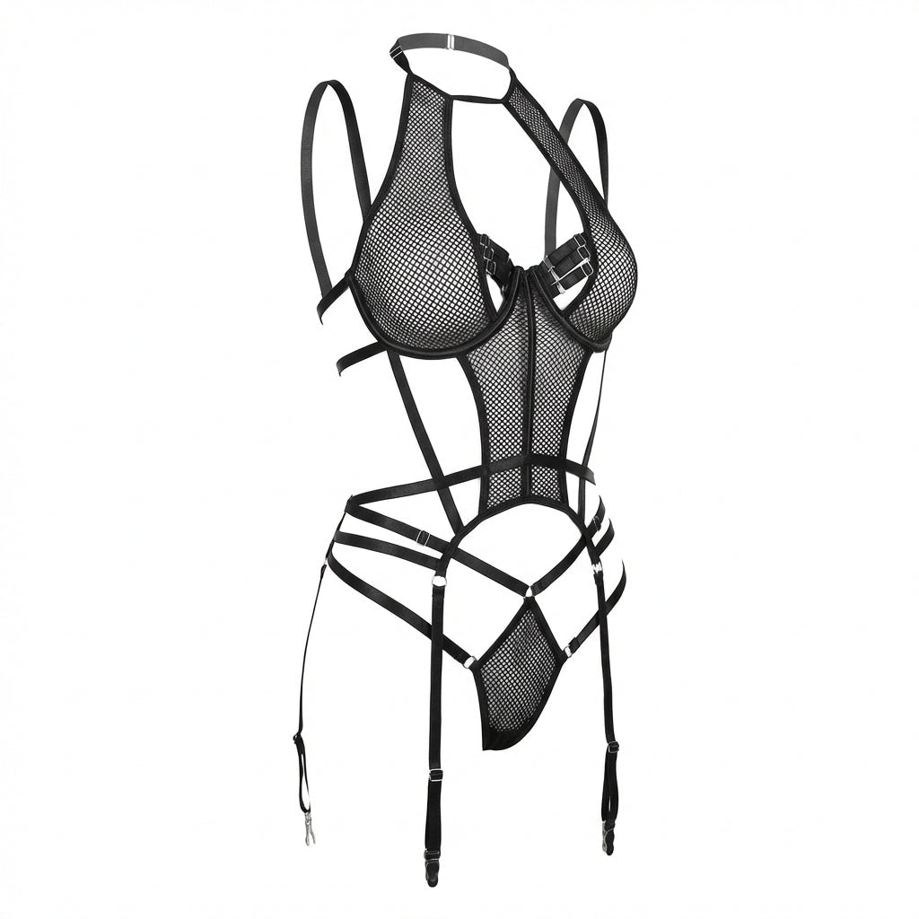 Black Fishnet Halter Teddy G-String And Garter Belt Set - Marelia