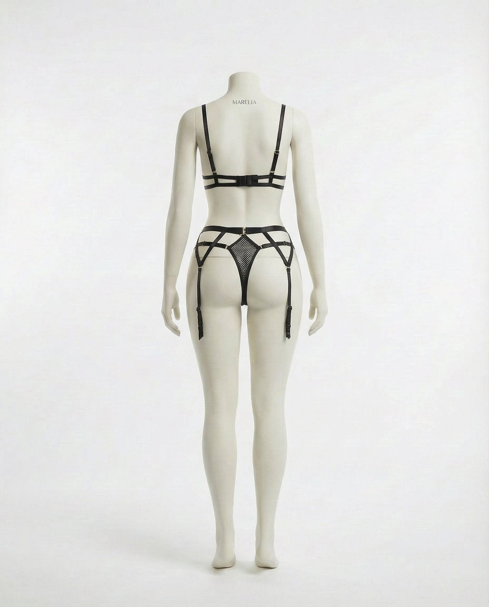 Black Fishnet Halter Teddy G-String And Garter Belt Set - Marelia