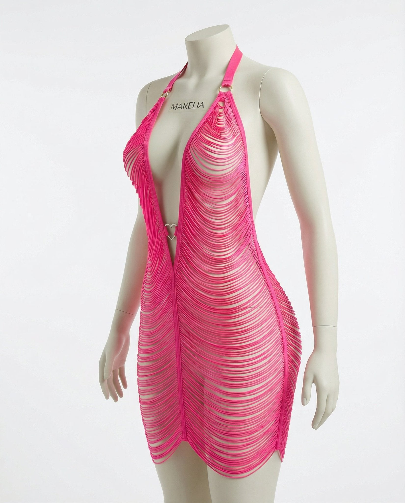 Fuscia Pink Fringe String Halter Mini Dress - Marelia