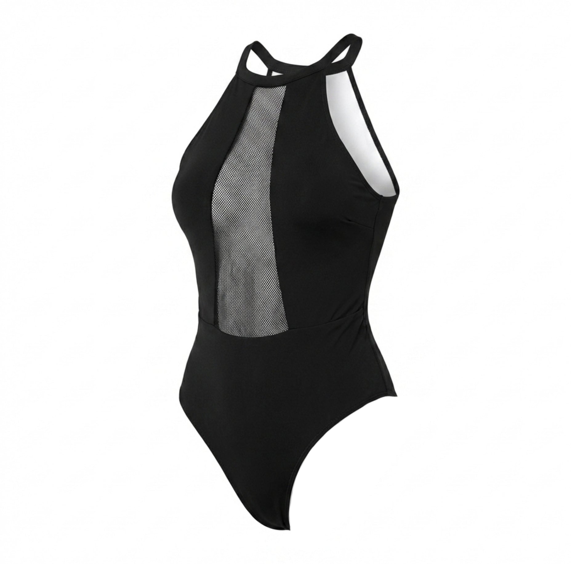 Black Halter Neck Mesh Panel Bodysuit - MARELIA