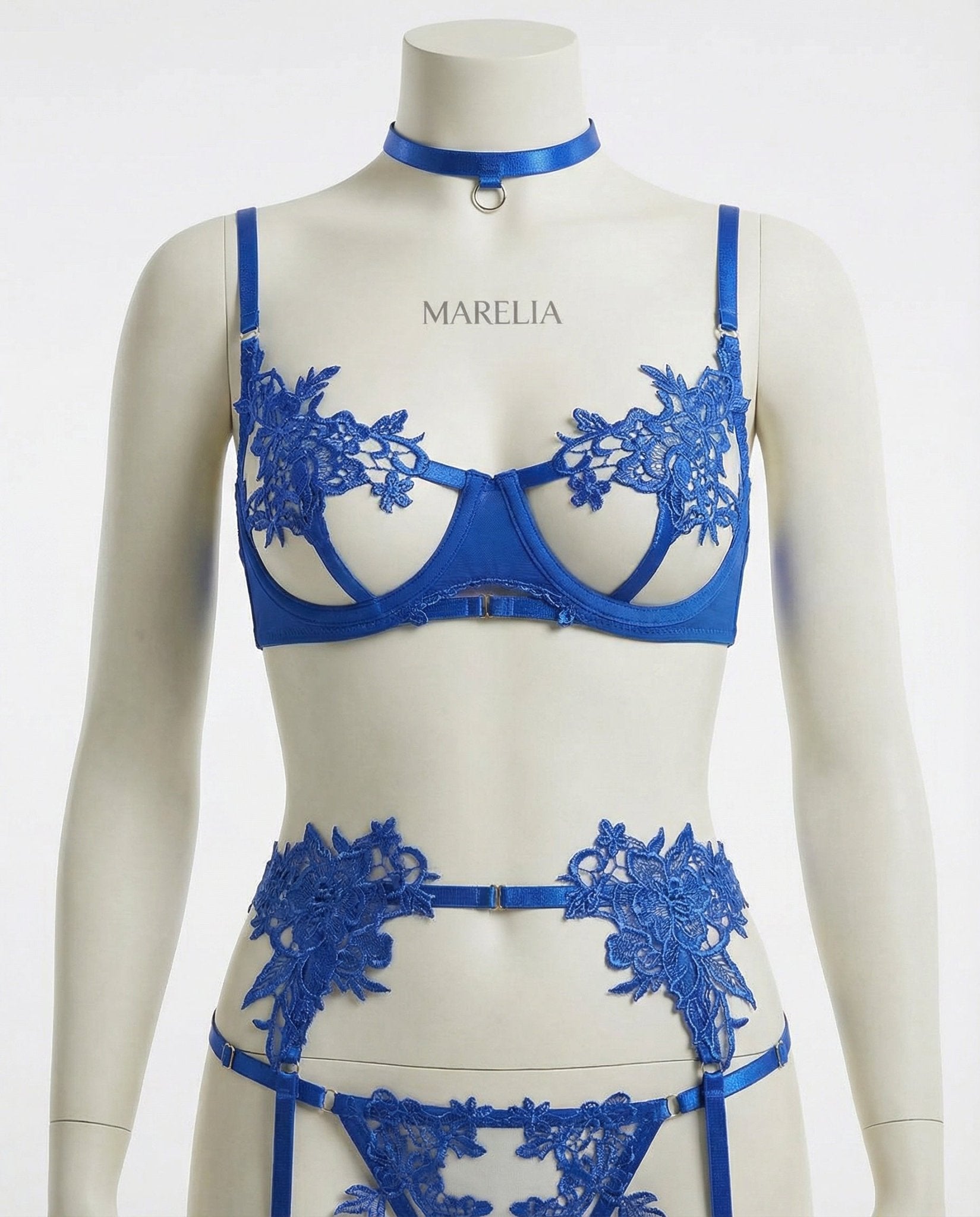 Blue Lace Appliqué Bra G-String And Suspender Set - Marelia
