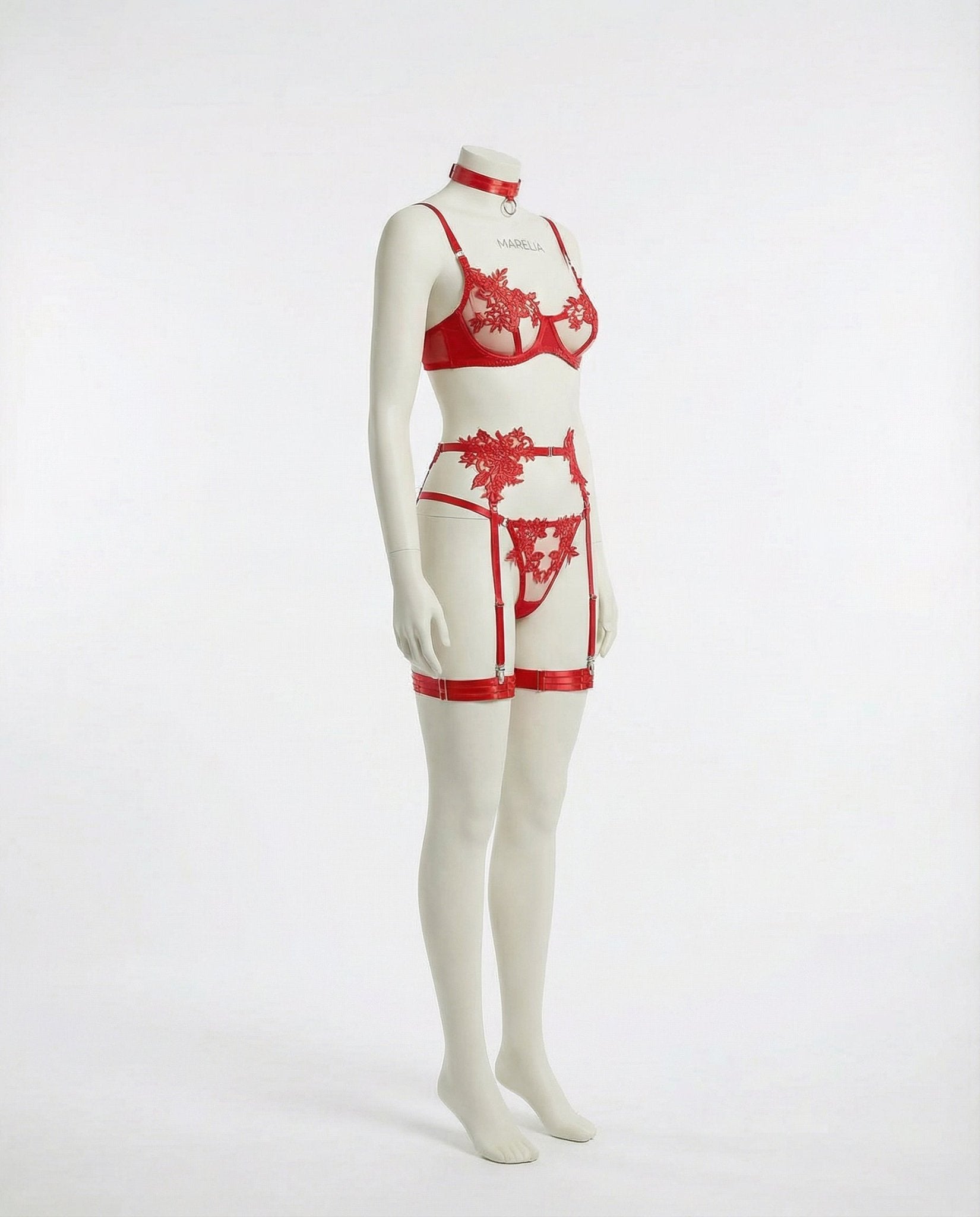 Red Lace Appliqué Bra G-String And Suspender Set - Marelia
