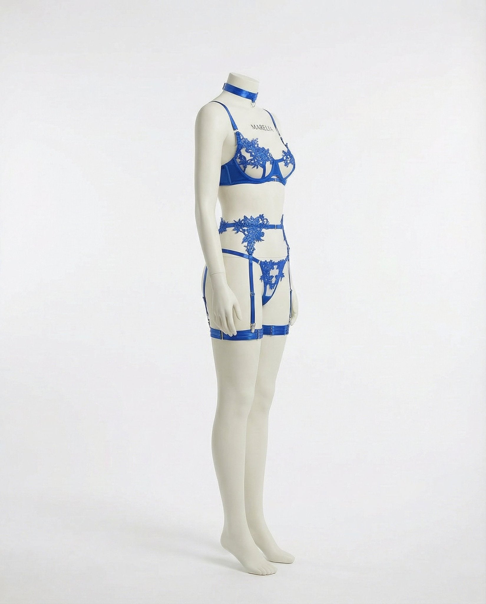 Blue Lace Appliqué Bra G-String And Suspender Set - Marelia