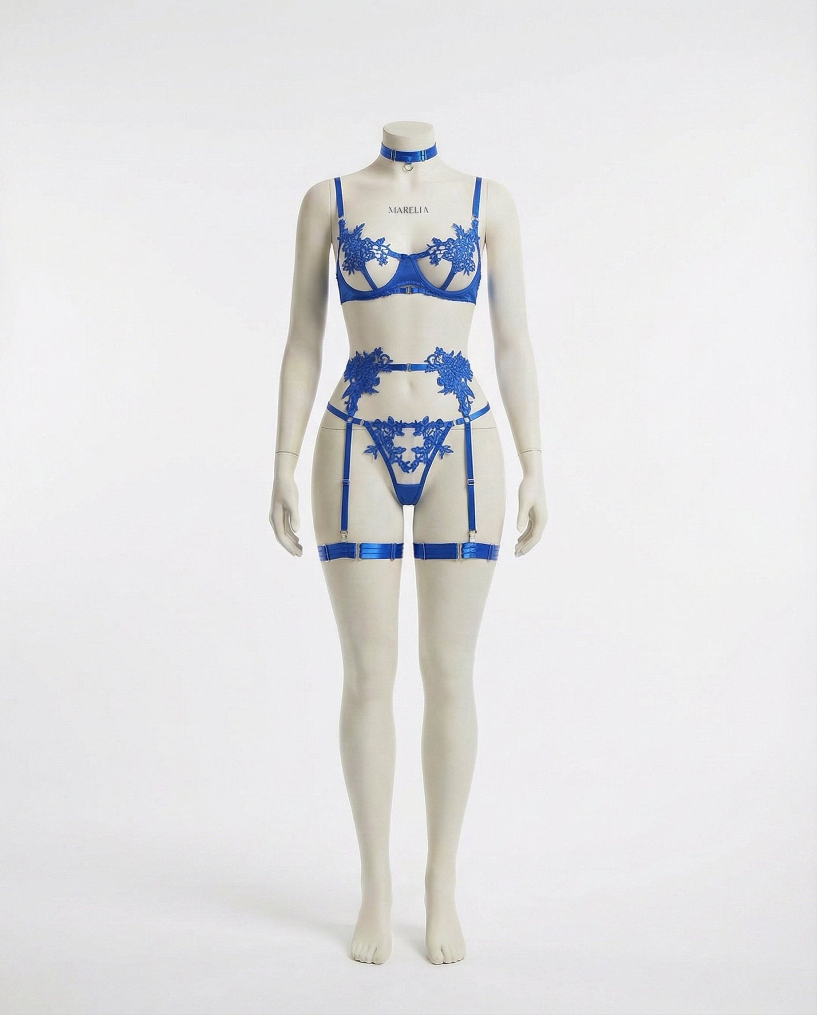 Blue Lace Appliqué Bra G-String And Suspender Set - Marelia