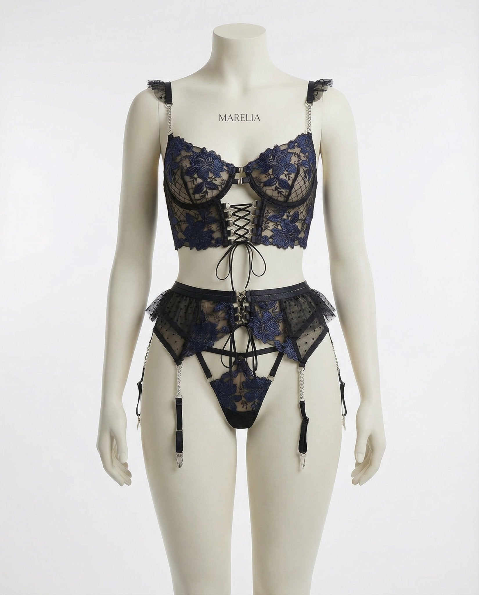 Black Lace Appliqué Bra Suspender Belt And G-String Set - Marelia