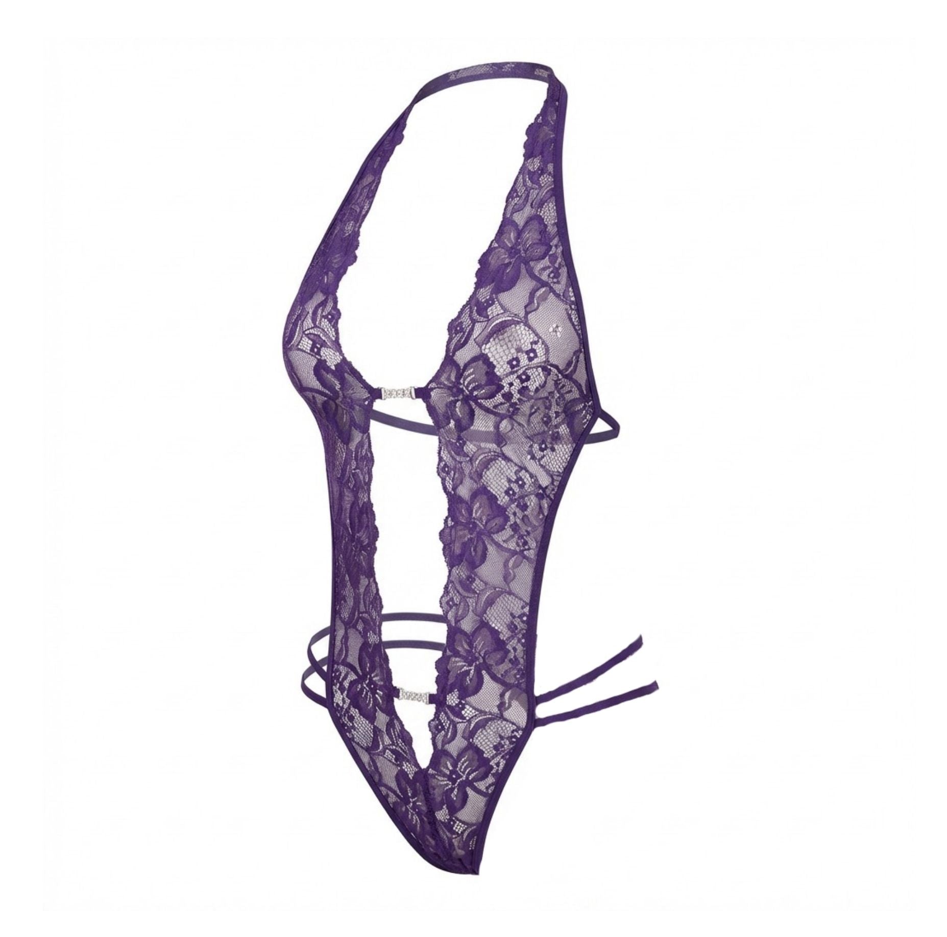 Lace Crotchless Deep V Halter Teddy - MARELIA