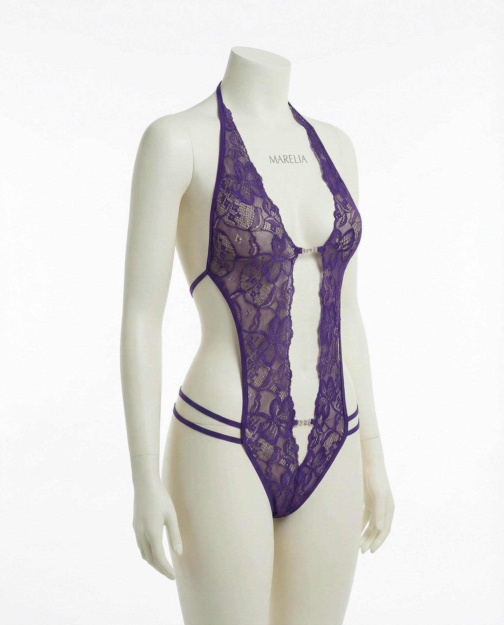 Lace Crotchless Deep V Halter Teddy - MARELIA