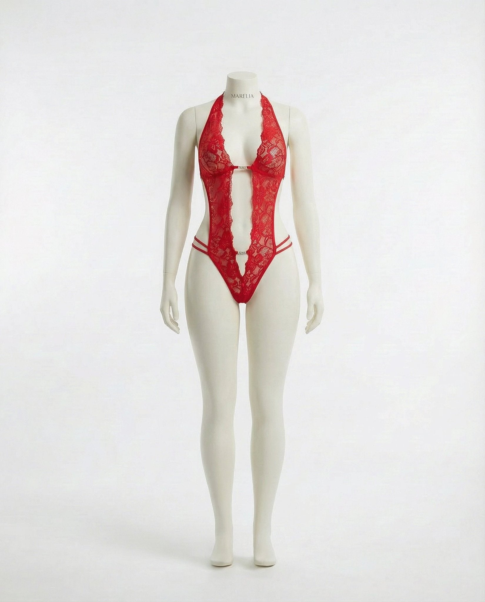 Red Lace Crotchless Deep V Halter Teddy - MARELIA