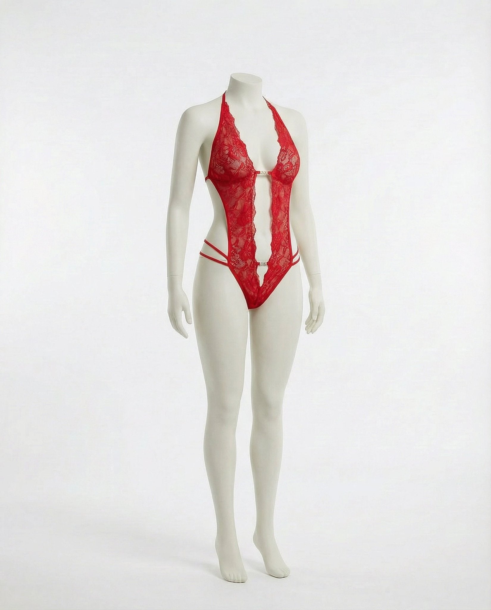 Red Lace Crotchless Deep V Halter Teddy - MARELIA