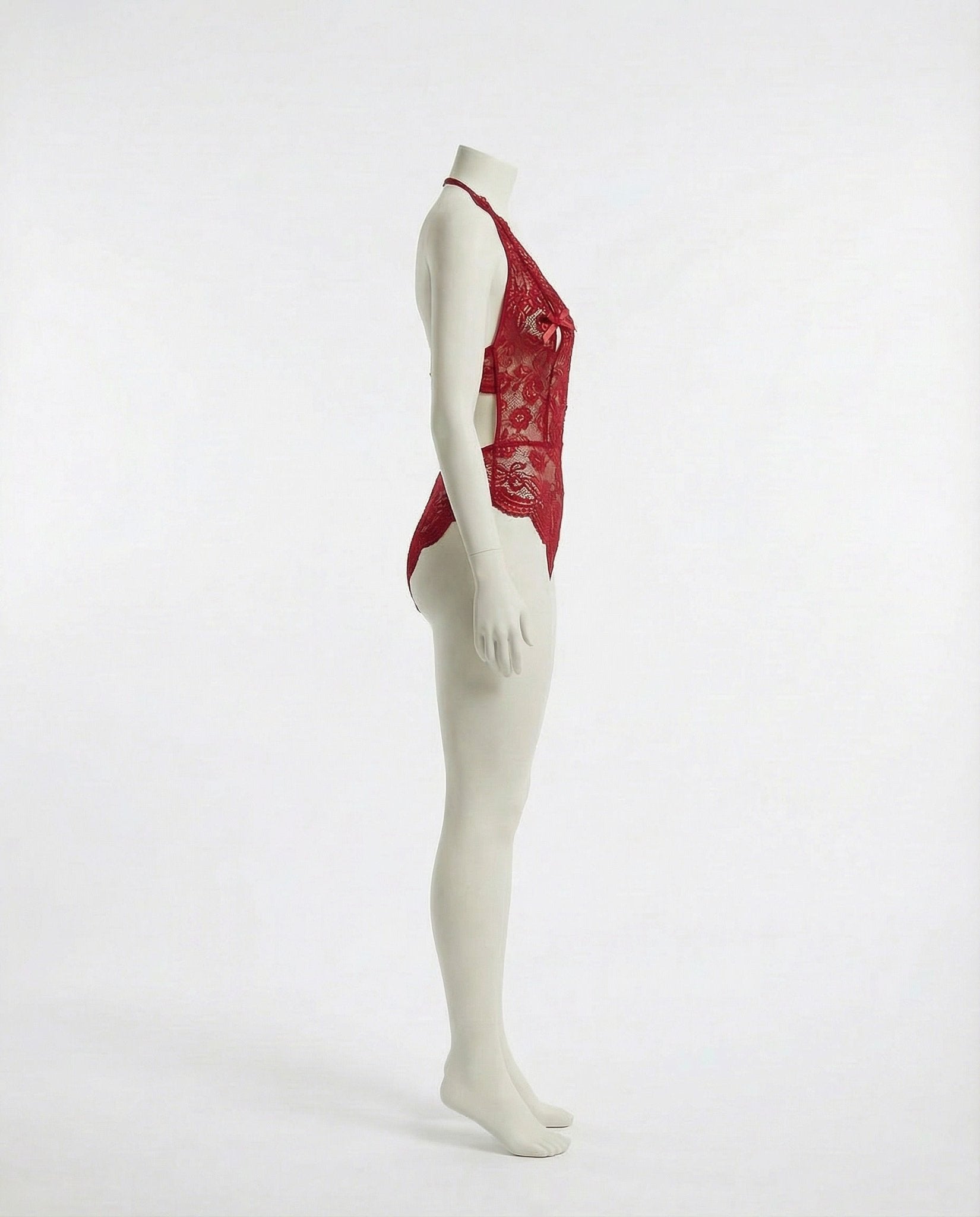 Burgundy Lace Halter Crotchless Teddy With Open Back - MARELIA