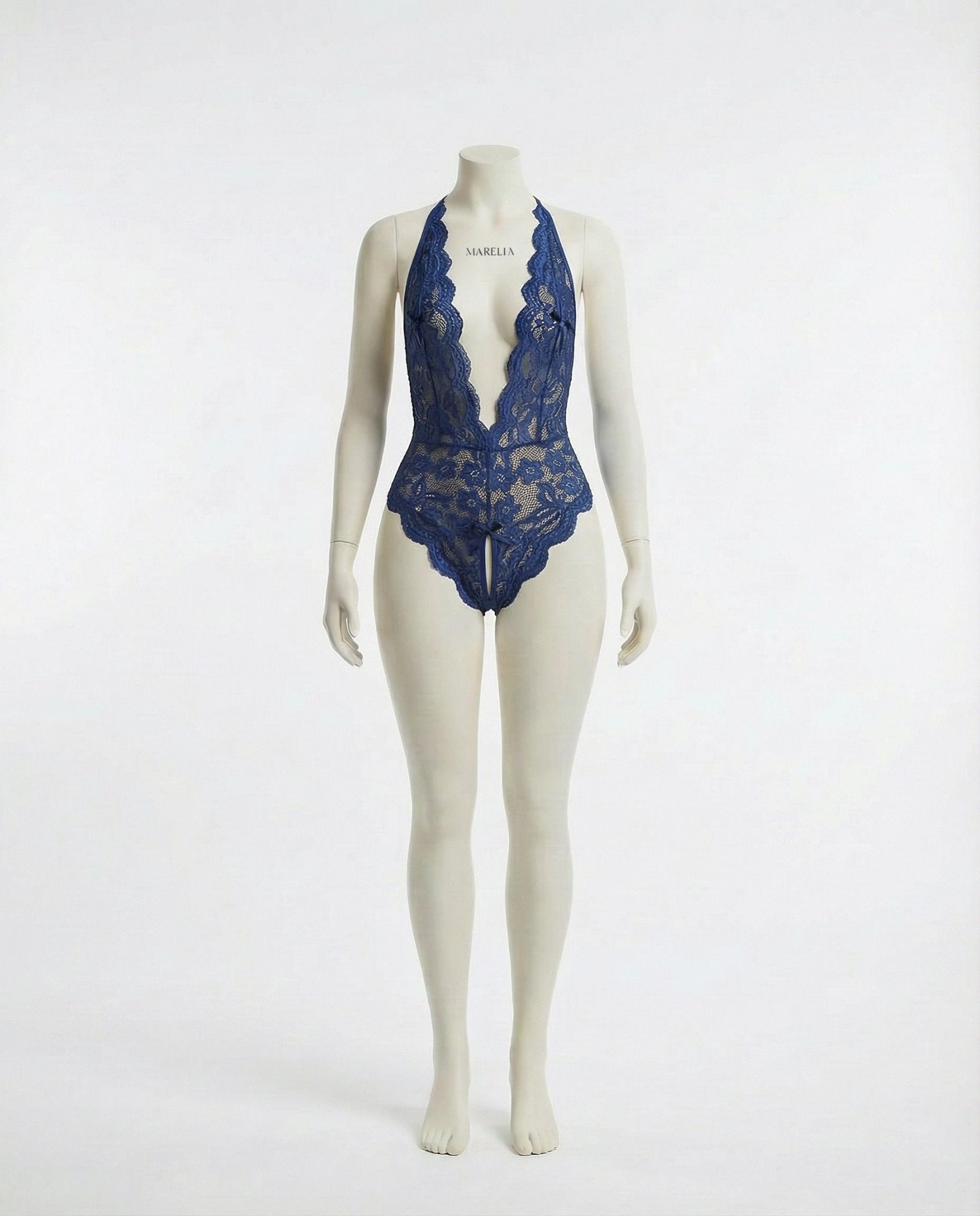 Navy Lace Halter Crotchless Teddy With Open Back - MARELIA
