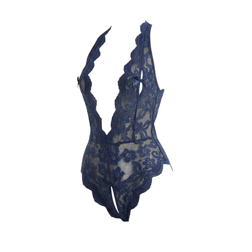 Navy Lace Halter Crotchless Teddy With Open Back - MARELIA