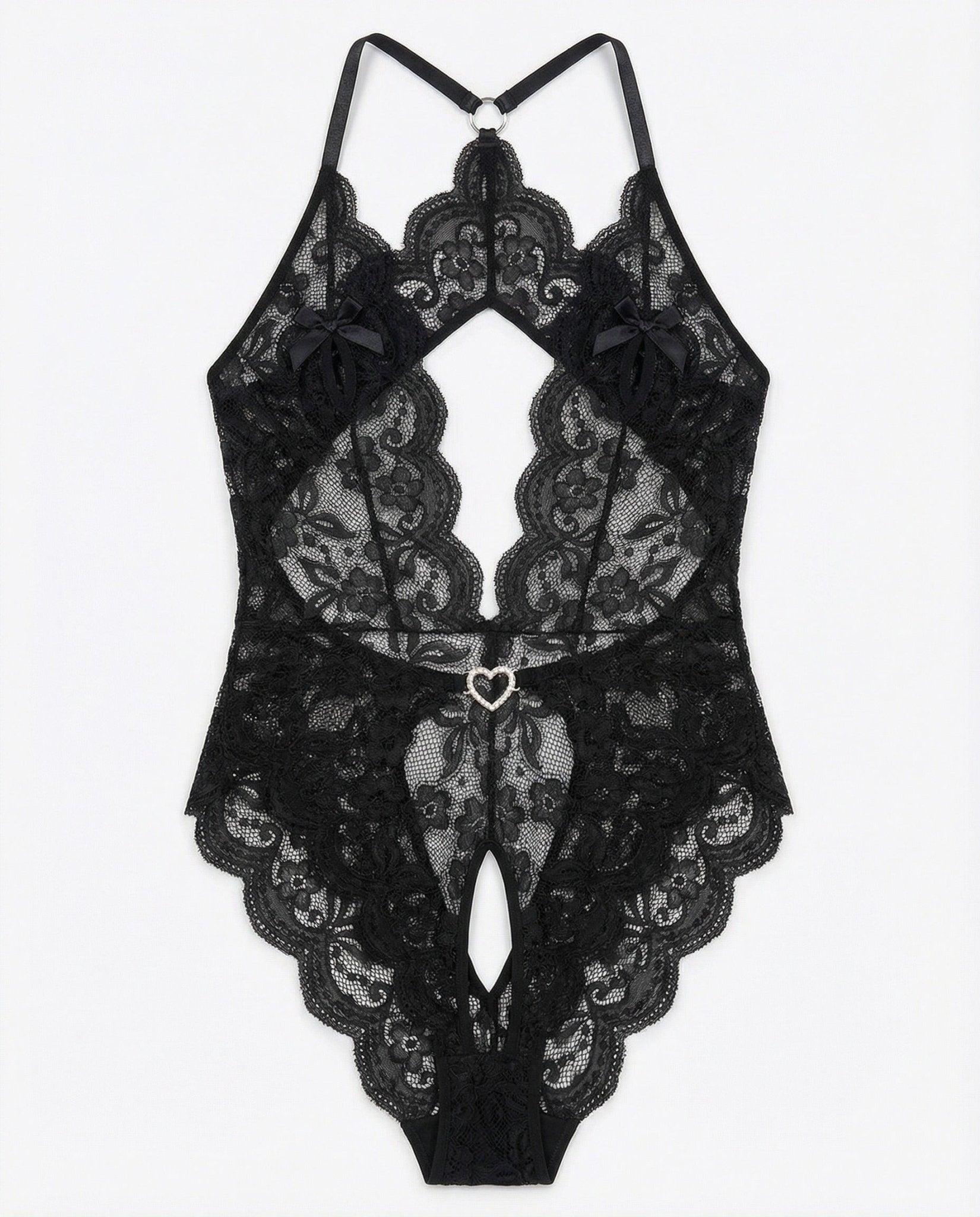 Black Lace Halter Crotchless Teddy With Open Back - MARELIA
