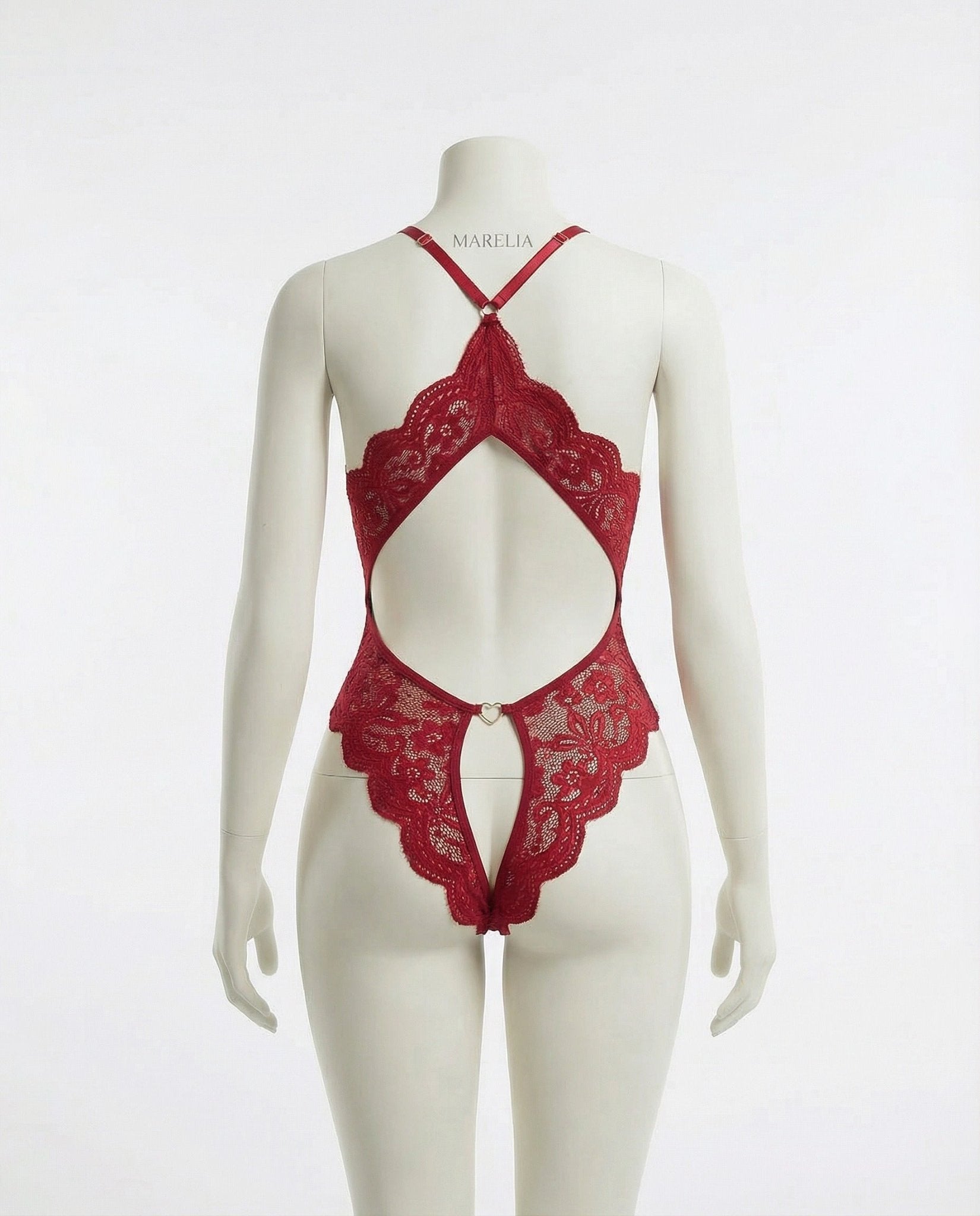 Burgundy Lace Halter Crotchless Teddy With Open Back - MARELIA